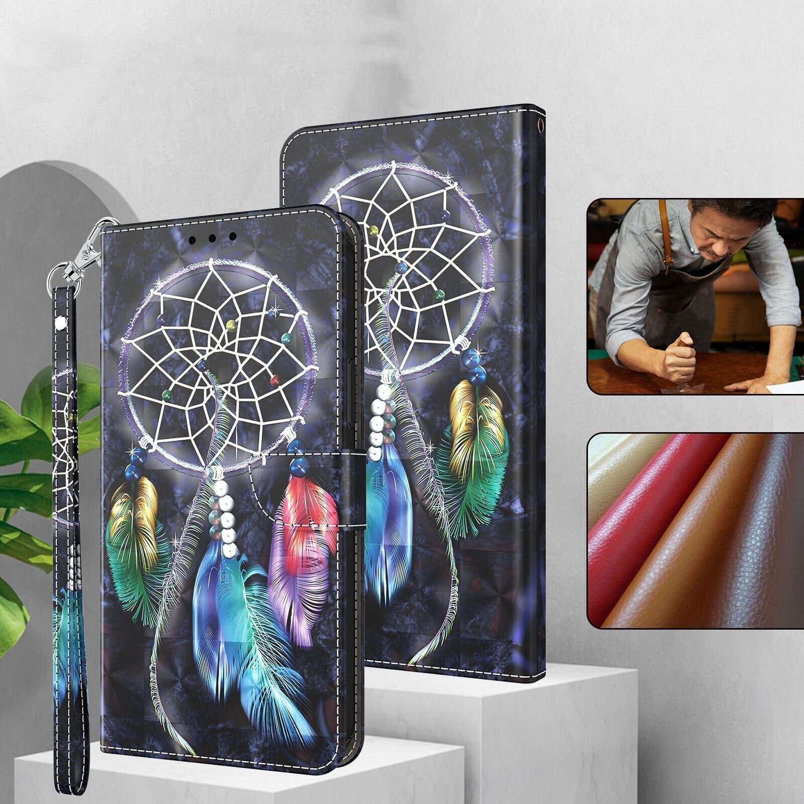 CLM-Tech Handytasche für Xiaomi Redmi Note 15 5G Klapphülle aus PU Leder (Traumfänger schwarz bunt, 1-tlg., Flip Case), Magnetverschluss, Standfunktion und Kartenfächer