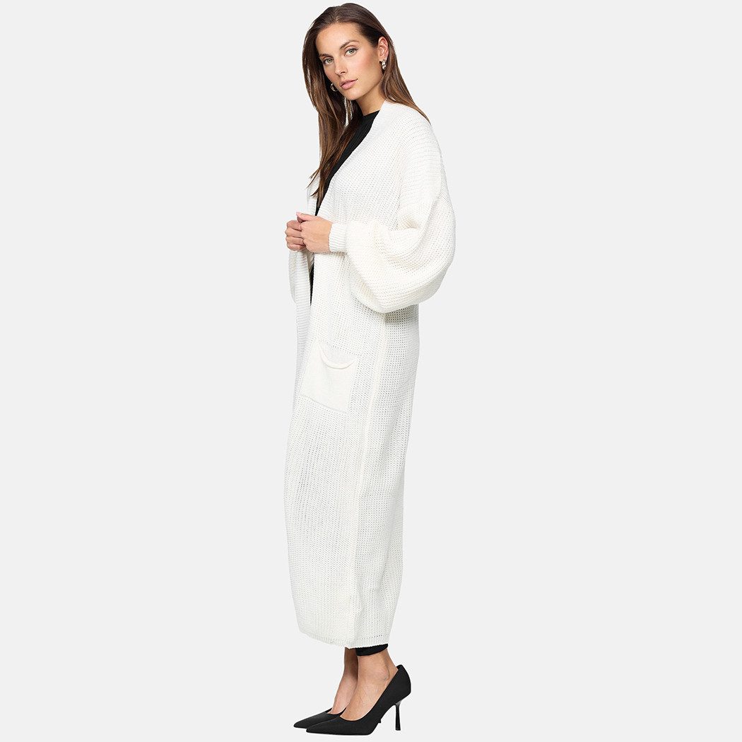Elara Cardigan – Damen Longcardigan in Grobstrick mit Ballonärmeln und Taschen