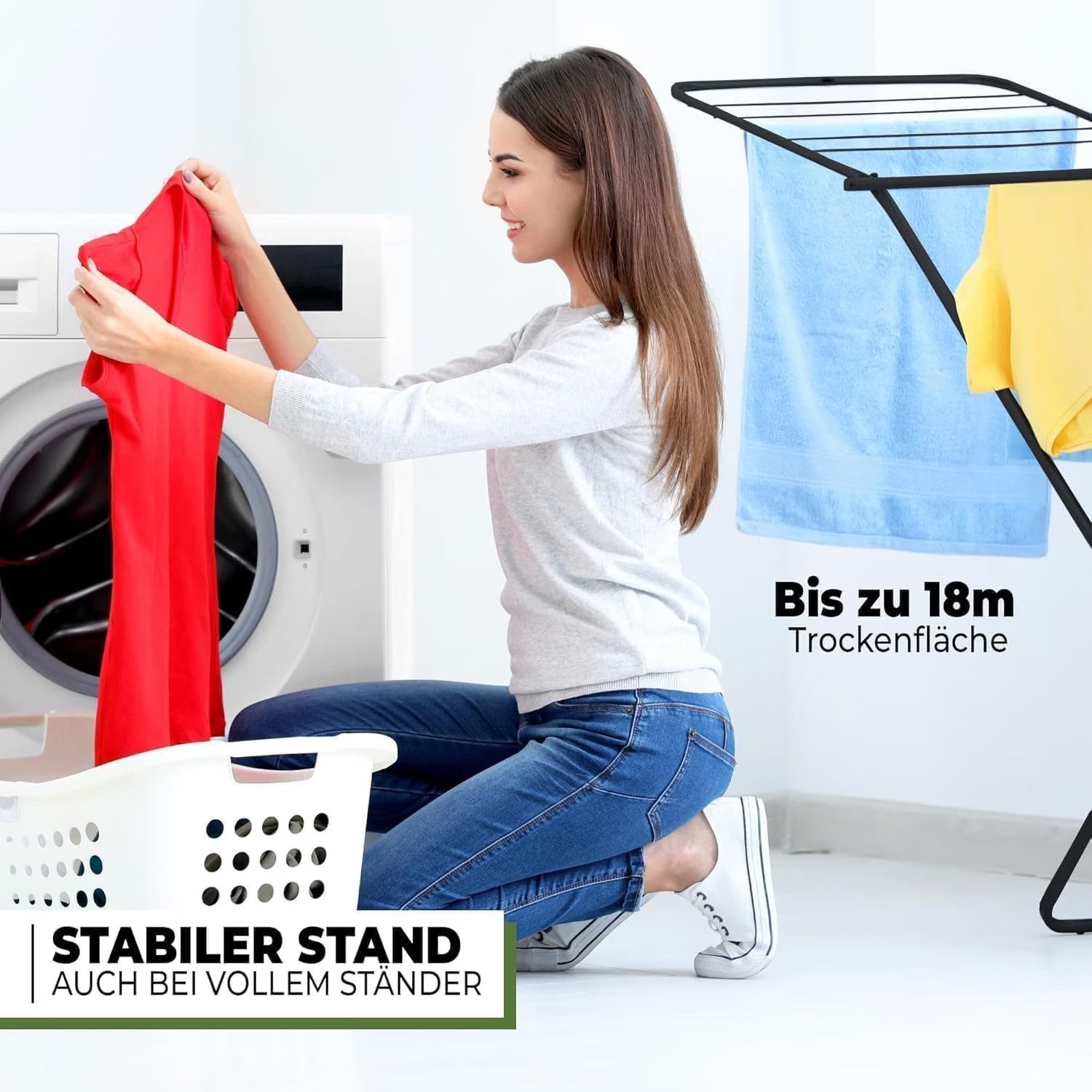STAHLMANN Wäscheständer [18 m Trockenfläche], Klappbar, Made in Europe, schwarz, leicht, platzsparend, stabil, für drinnen und draußen, Metall – Bild 5 von 5