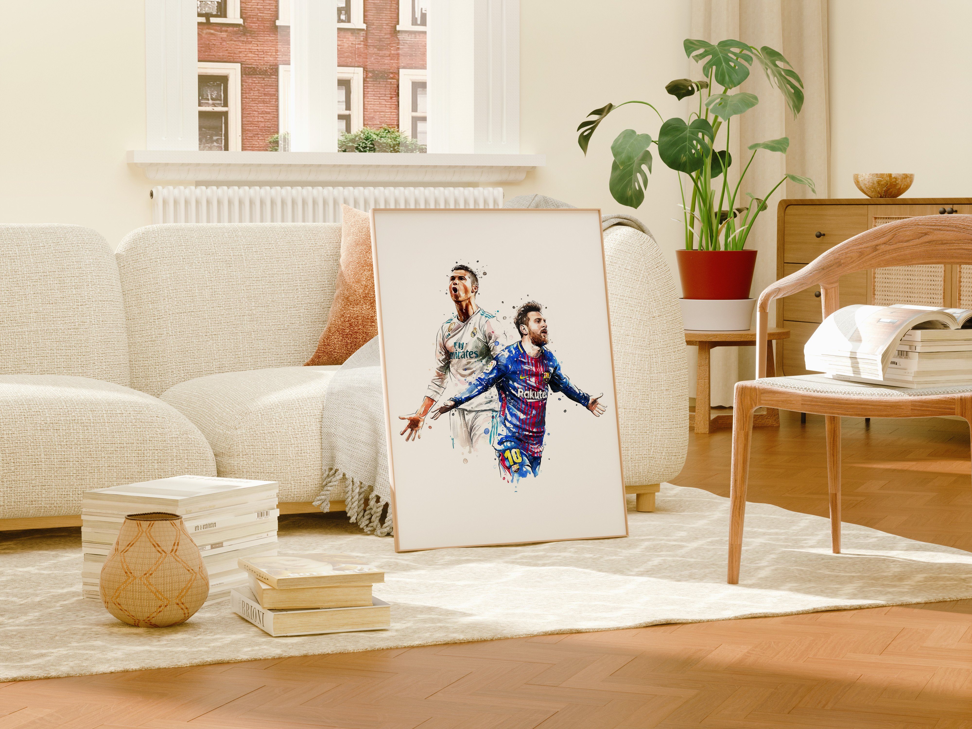 JUSTGOODMOOD Poster Premium ® · Fußball Wasserfarben Ronaldo · Rahmen ohne Poster Messi