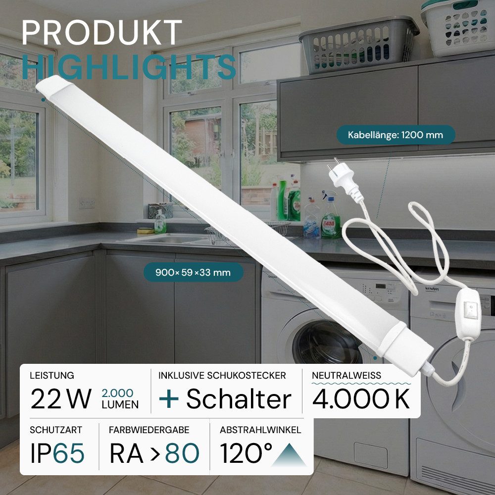 LUXULA LED Unterbauleuchte LUXULA LED Feuchtraumleuchte 90 cm 22 W 4000 K Neutralweiß Weiß, Neutralweiß
