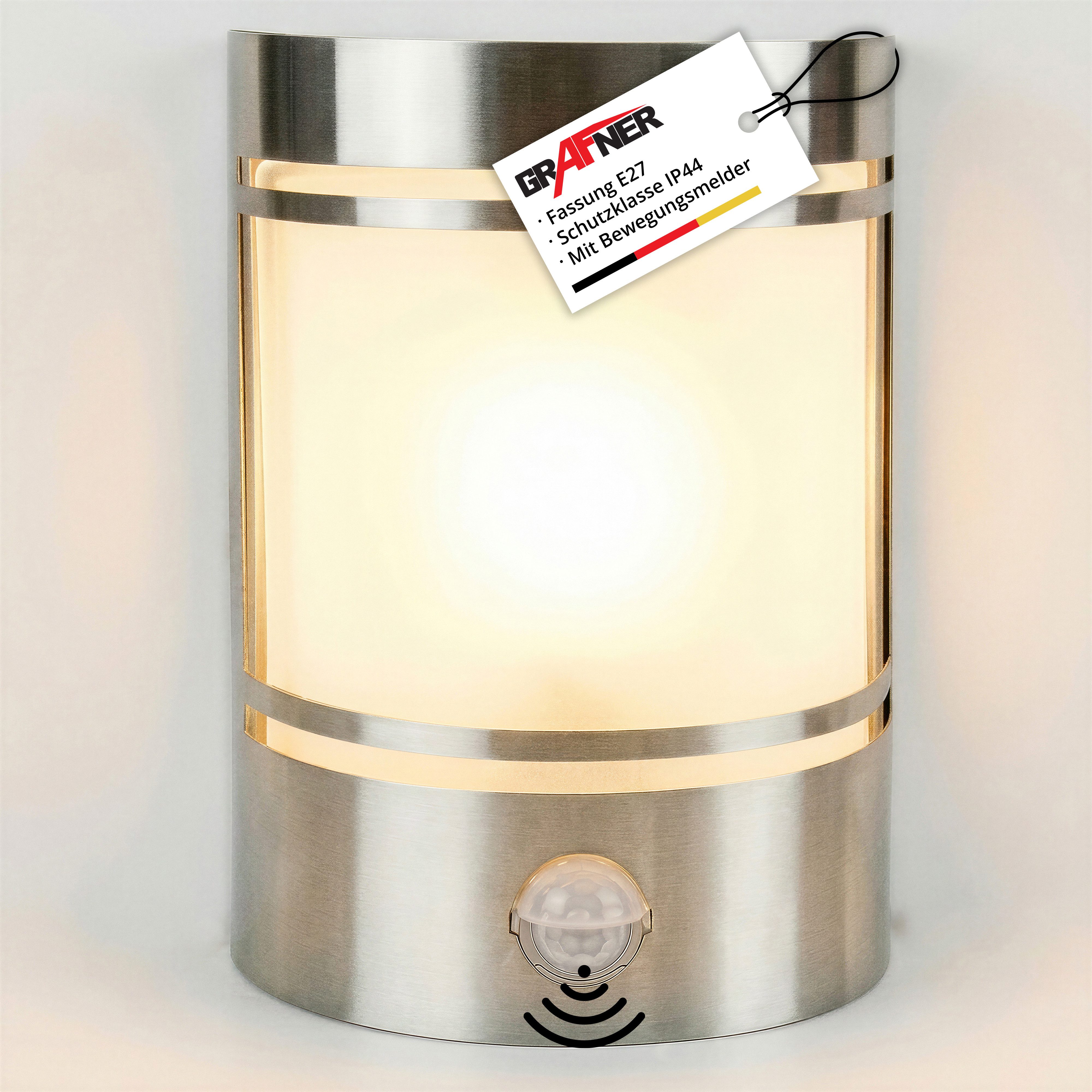 Grafner Außen-Wandleuchte Grafner® Edelstahl Wandlampe mit Bewegungsmelder für innen und außen, ohne Leuchtmittel, ohne Leuchtmittel, für Terrasse Balkon Hauswand Garten