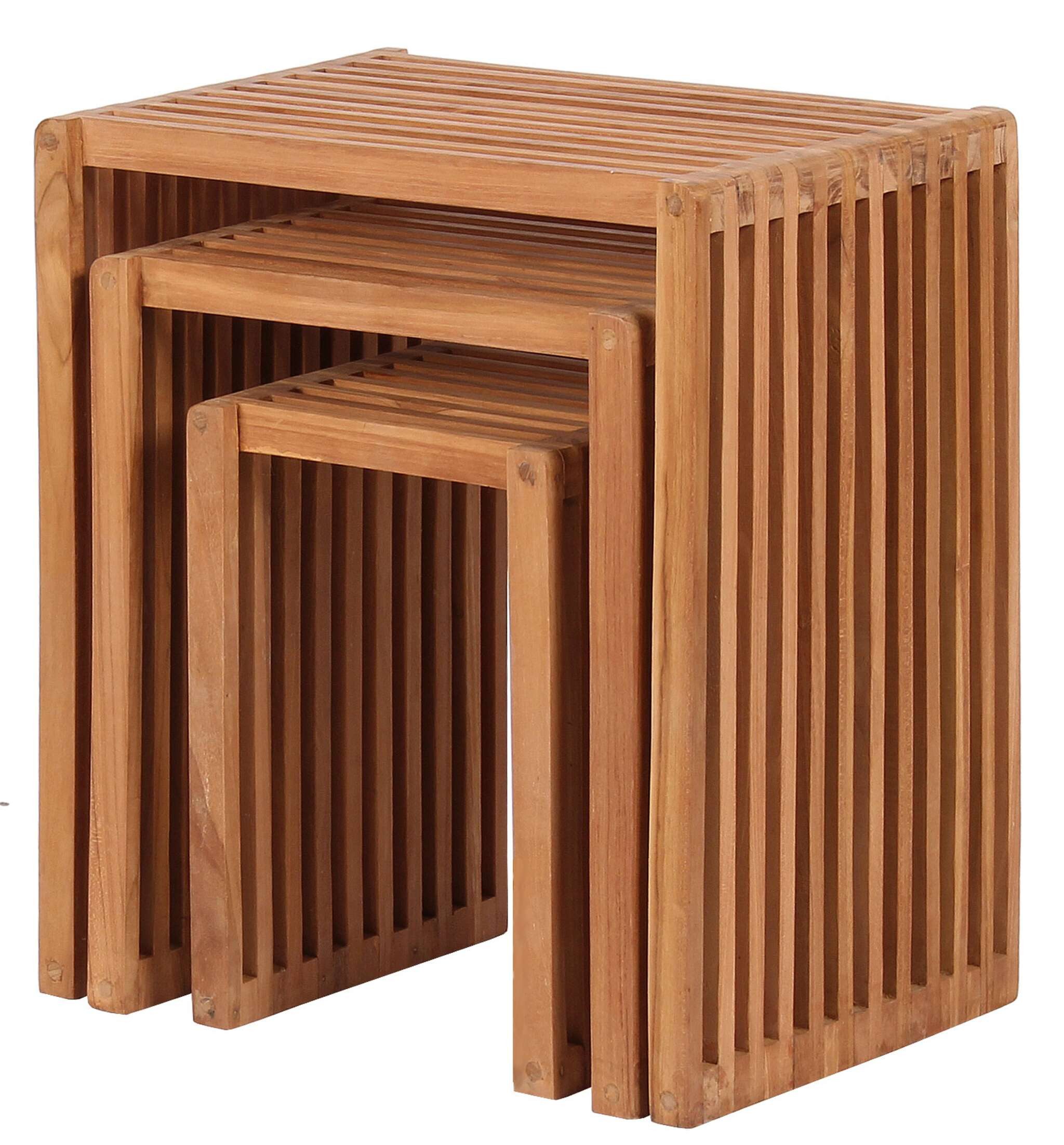 MR.DEKO Beistelltisch Teak 3er Set Holztisch natur 45x32x50cm ineinanderschiebbares Tischset (3-teiliges Beistelltisch Set aus Massivholz, 3-St), Beistelltische naturbelassen, wetterfest & stabil