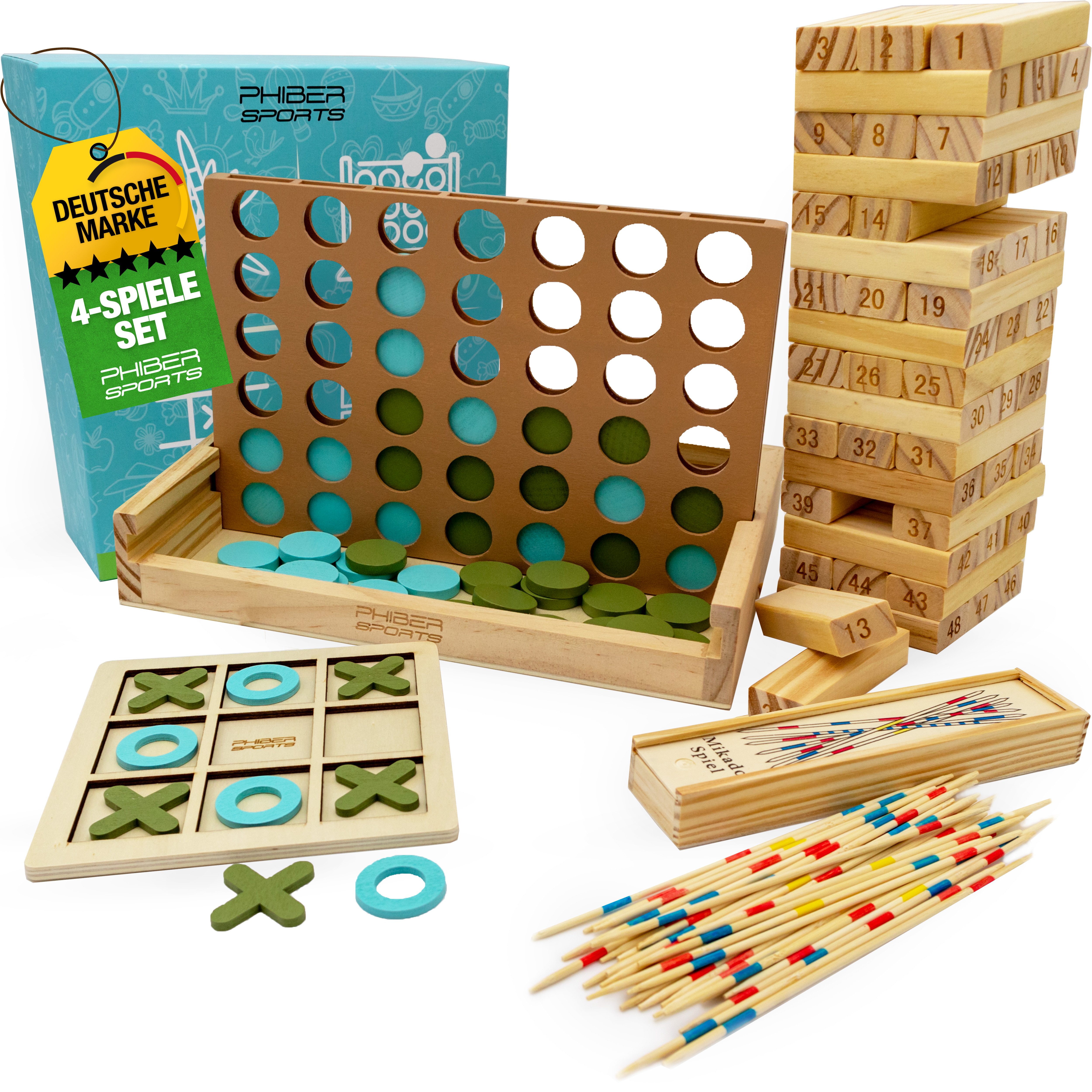 PHIBER-SPORTS Spielesammlung 4-in-1 aus Holz: Wackelturm, Vier-in-Einer-Reihe, Tic Tac Toe & Mikado, Kinder & Erwachsene - Robust, Langlebig & Plastikfrei, Holzturm 4 Spiel