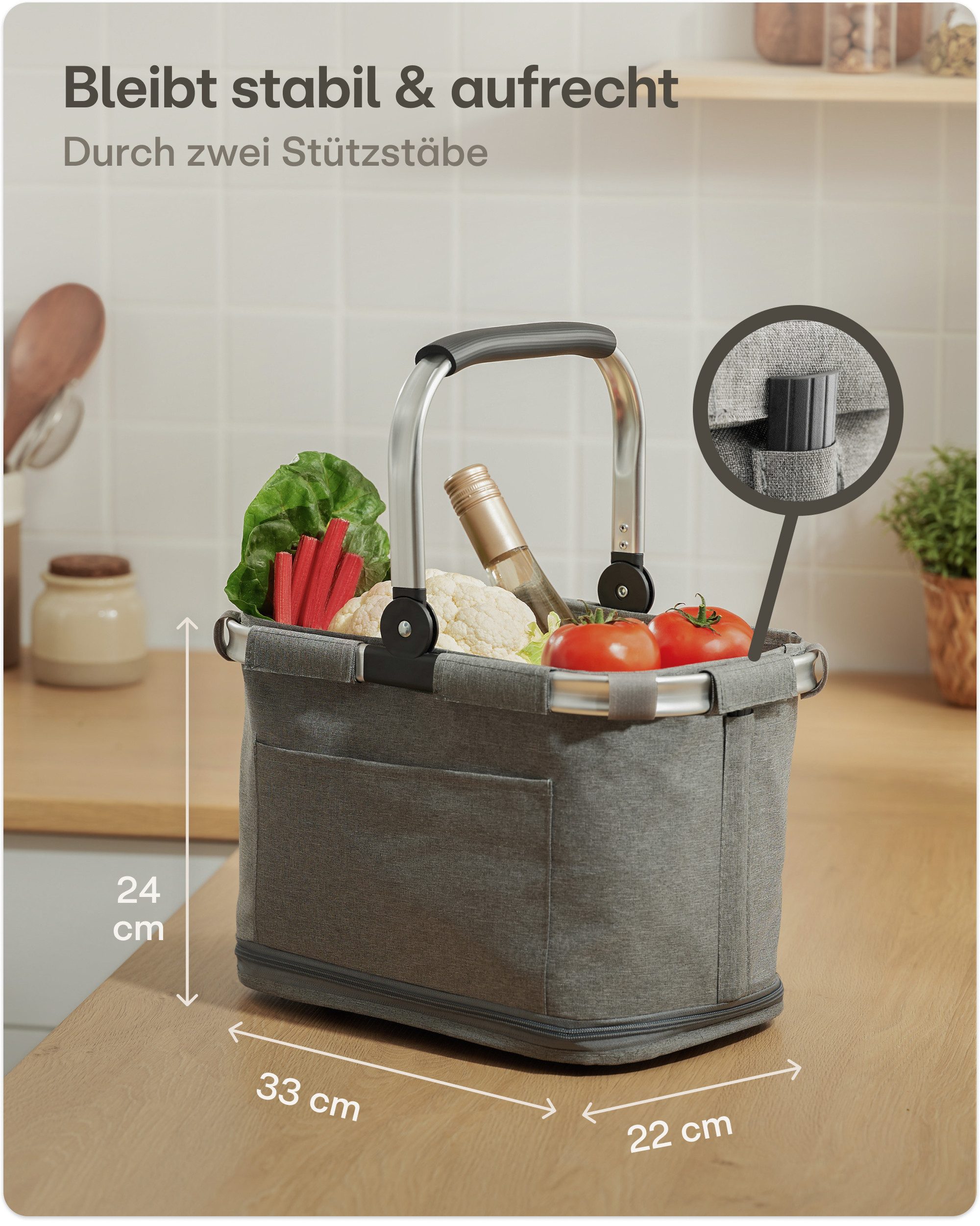 Praknu Einkaufskorb Einkaufskorb Faltbar – 2 in 1 Erweiterbar, Waschbarer Bezug, Tragekorb, 25 l, Stabil mit Alurahmen & Verstärktem Boden – Extra Fächer innen  – Bild 4 von 5