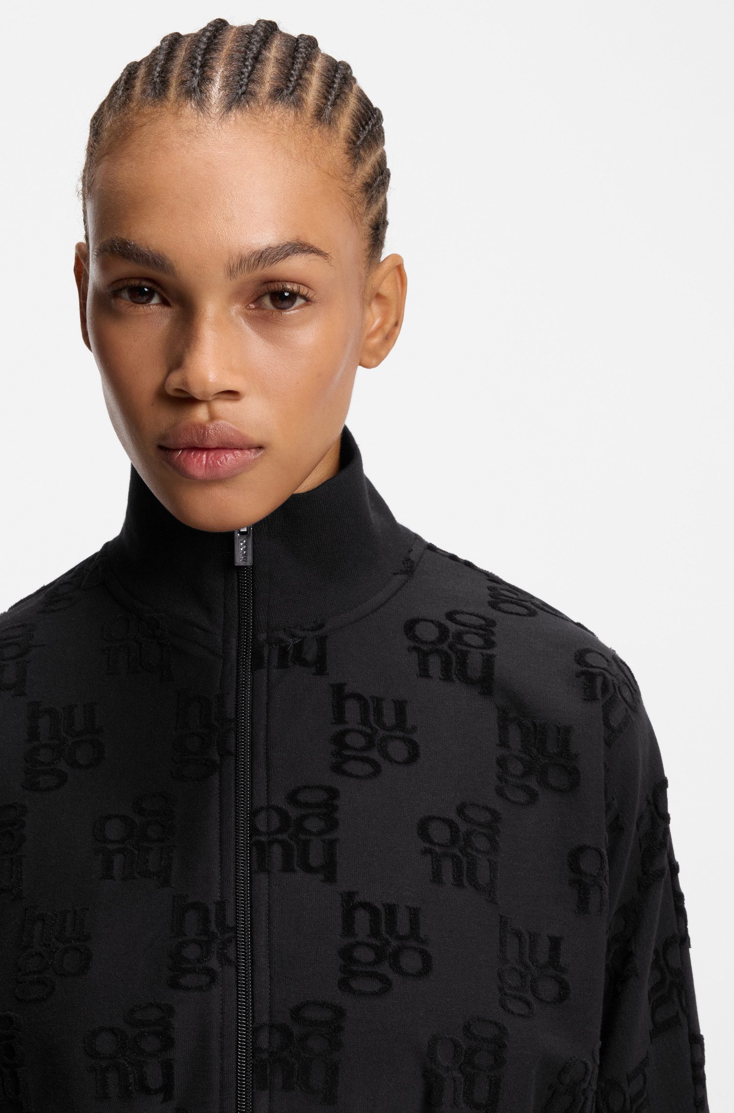 HUGO Sweatjacke TERRYMONOGRAM aus Baumwoll-Mix mit Allover-Logo-Muster, Ste günstig online kaufen