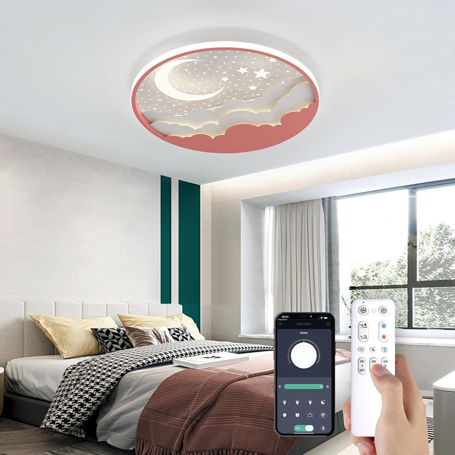 RRBEST Deckenleuchte LED Kinder Deckenlampe, Stern Mond Deckenleuchte Mit Fernbedienung, Warm, Natural, Kalt, Kinderzimmer Dimmbar Deckenleuchten, Schlafzimmer Lampe