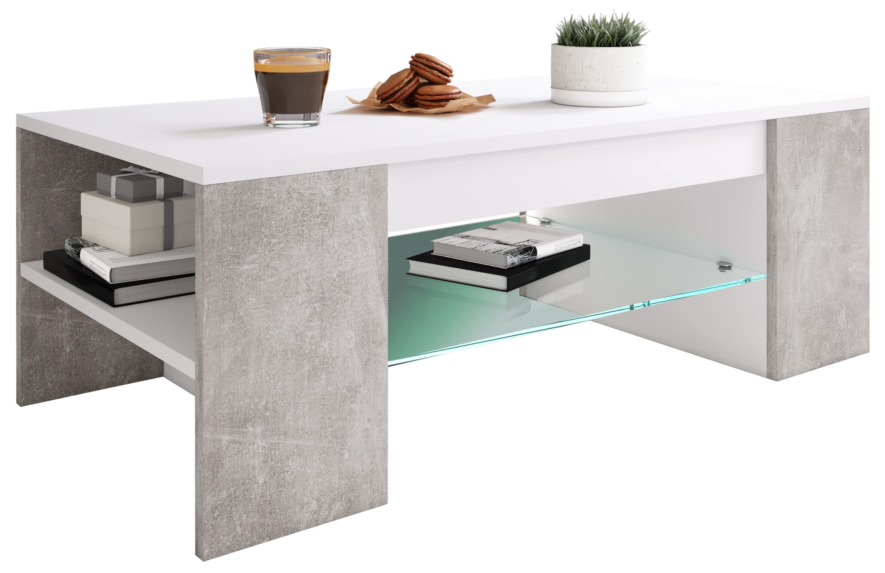 VCM Couchtisch Holz Sofatisch Couchtisch Schublade Glas Tunas