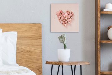 OneMillionCanvasses® Leinwandbild Herz - Blumen - Rosa, (1 St), Leinwand Bilder für Wohnzimmer Schlafzimmer