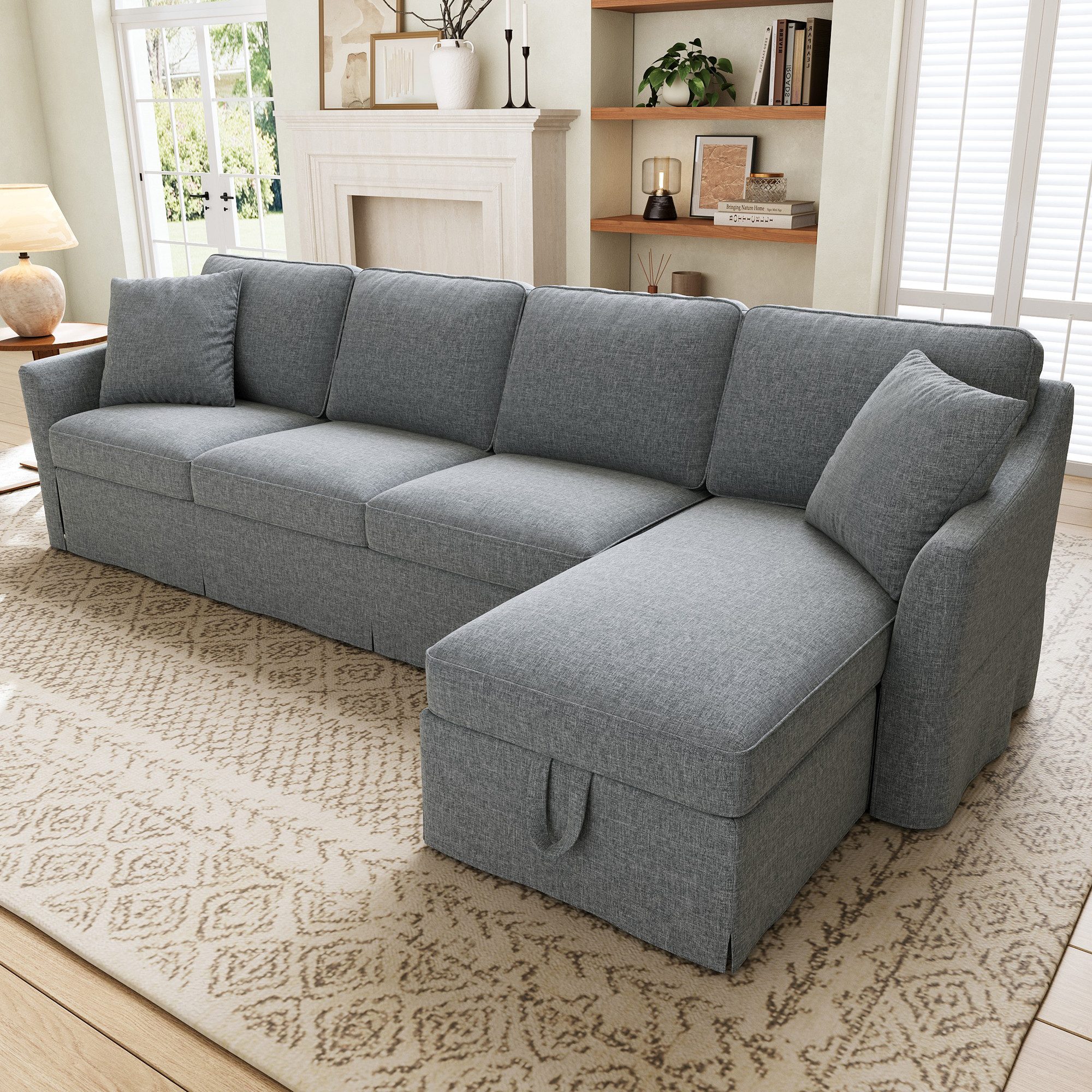 Flieks Ecksofa L‑Form Sofa mit Stauraum‑Chaiselongue, abnehmbar&waschbar Bezug, 274×128,5×83 cm, Ottomane mit Bettkasten, Schlaffunktion, 4-Sitzer Couch mit 2 Zierkissen Baumwolle‑Leinen‑Mischgewebe Grau