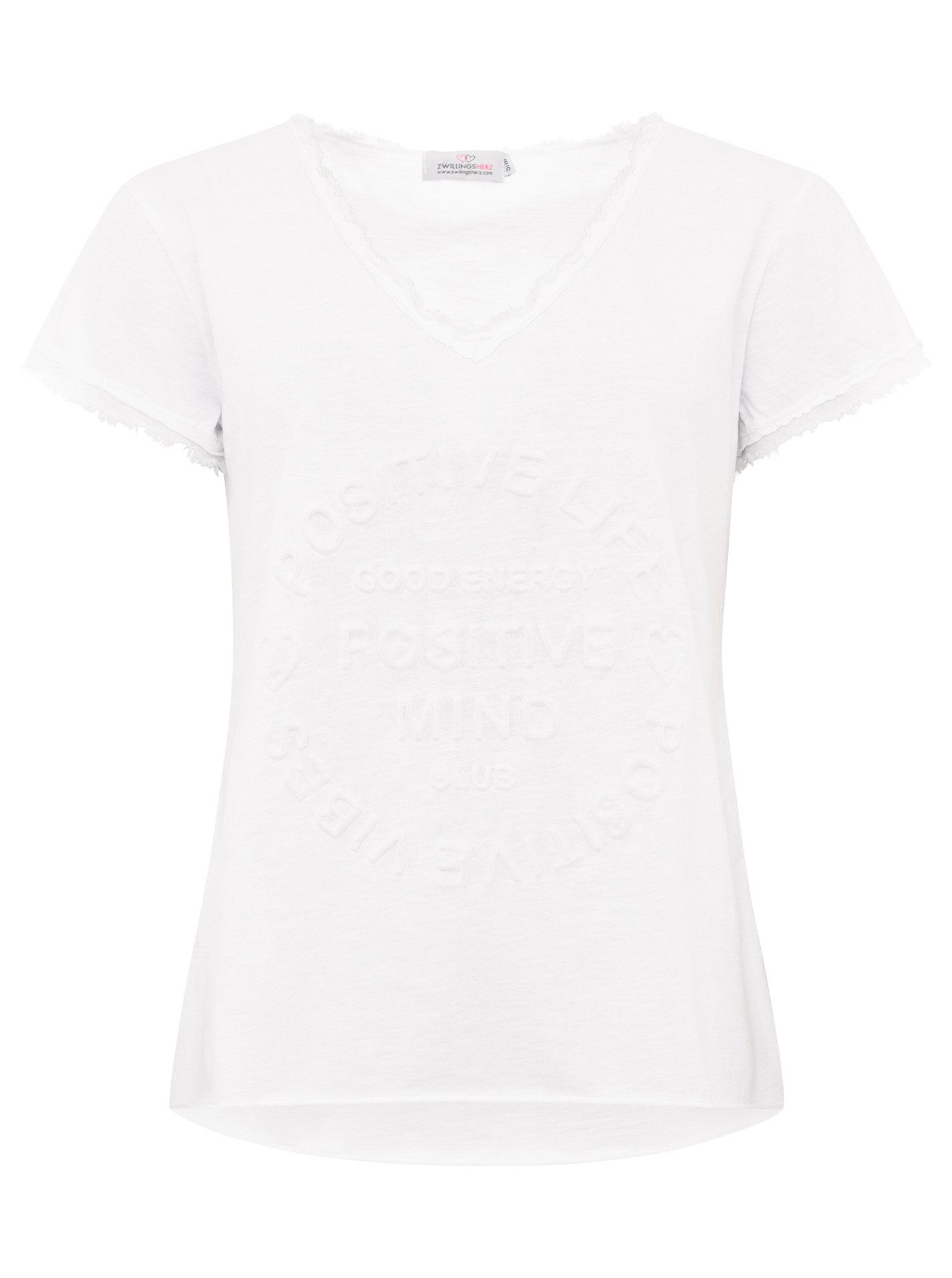 Zwillingsherz T-Shirt "Positive Mind" V-Ausschnitt, Kurzarm, Used-Look, Baumwolle, ausgefranste Kanten