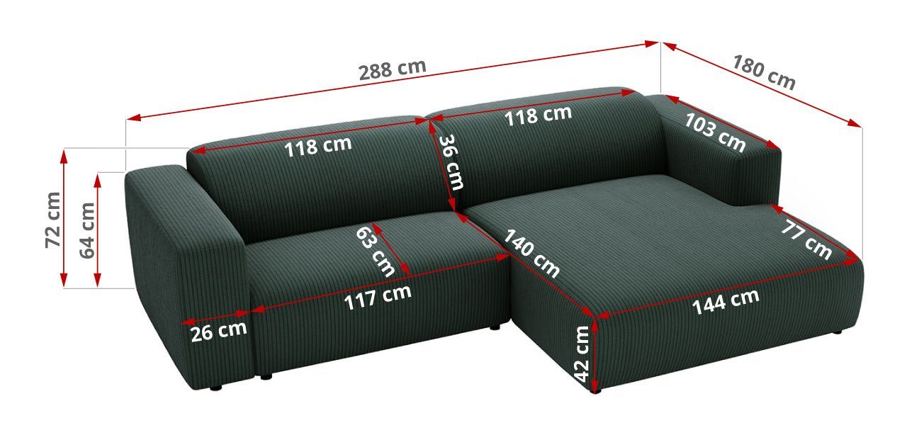 MKS MÖBEL Ecksofa Ecksofa, Federsitz Grün Armlehnen, freistehendes breite PASADENA