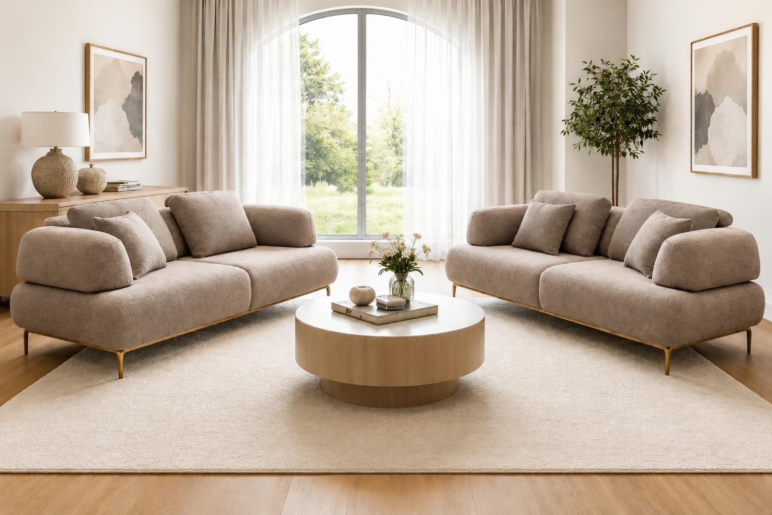 JVmoebel Polstergarnitur Moderne Sofaset mit Beige Bouclé-Stoff und Goldenen Metallbeinen, (2-tlg), Made in Europa