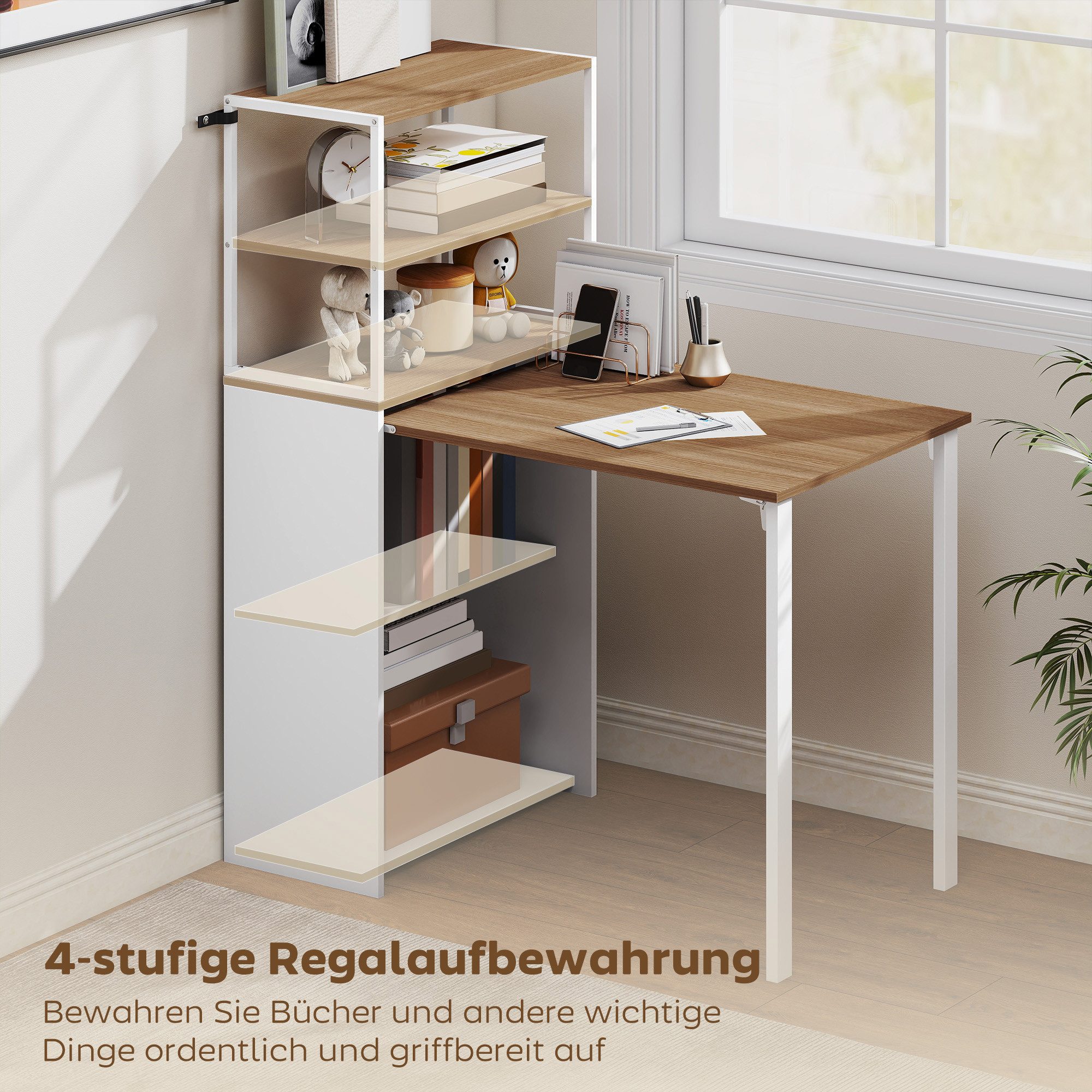 HOMCOM Schreibtisch Klappbarer Küchentisch mit 4 Regal Arbeitstisch Büroregal (Computertisch, 1-St., Schreibtisch mit 4 Regale), für Arbeitszimmer, Wohnzimmer,  – Bild 5 von 5