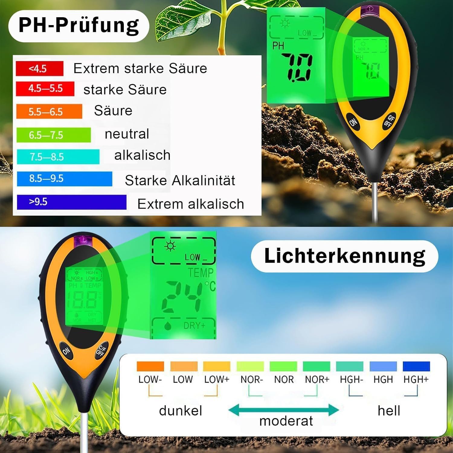 ibettertec Feuchtigkeitsmesser Bodentester, Boden PH-Messer, 4 in 1 Bodenmessgerät Feuchtigkeit, (Fruchtbarkei, Boden-Feuchtigkeitsmessgerät, Bodentest Messgerät für Pflanzen Gartenarbeit Rasen Garten), Fruchtbarkei, Boden-Feuchtigkeitsmessgerät