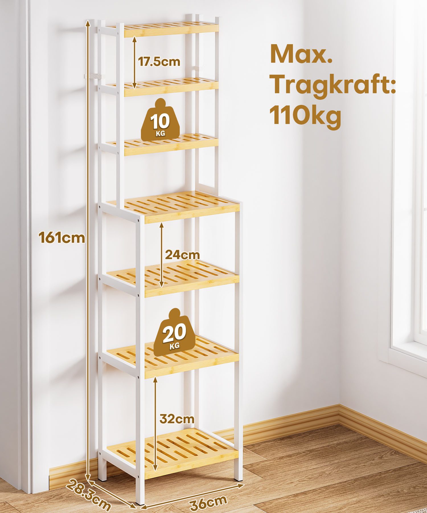 Yorbay Badregal Standregal mit 7 Ebenen, Bambus Aufbewahrungsregal, Kippsicherung, 110 kg Tragkraft