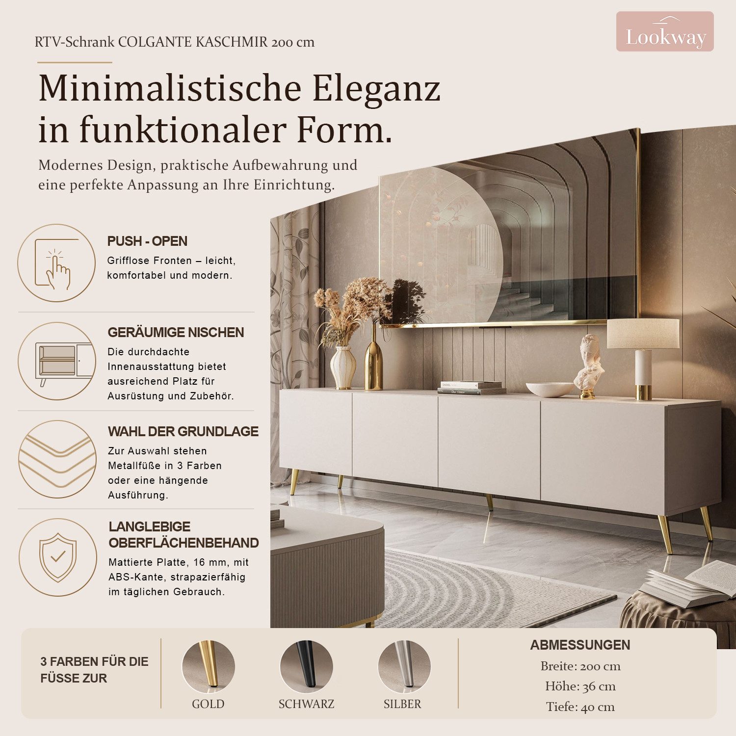 Lookway Lowboard COLGANTE KASCHMIR 200 cm TV Schrank mit Beinen, 200x40x49 cm – Bild 3 von 5
