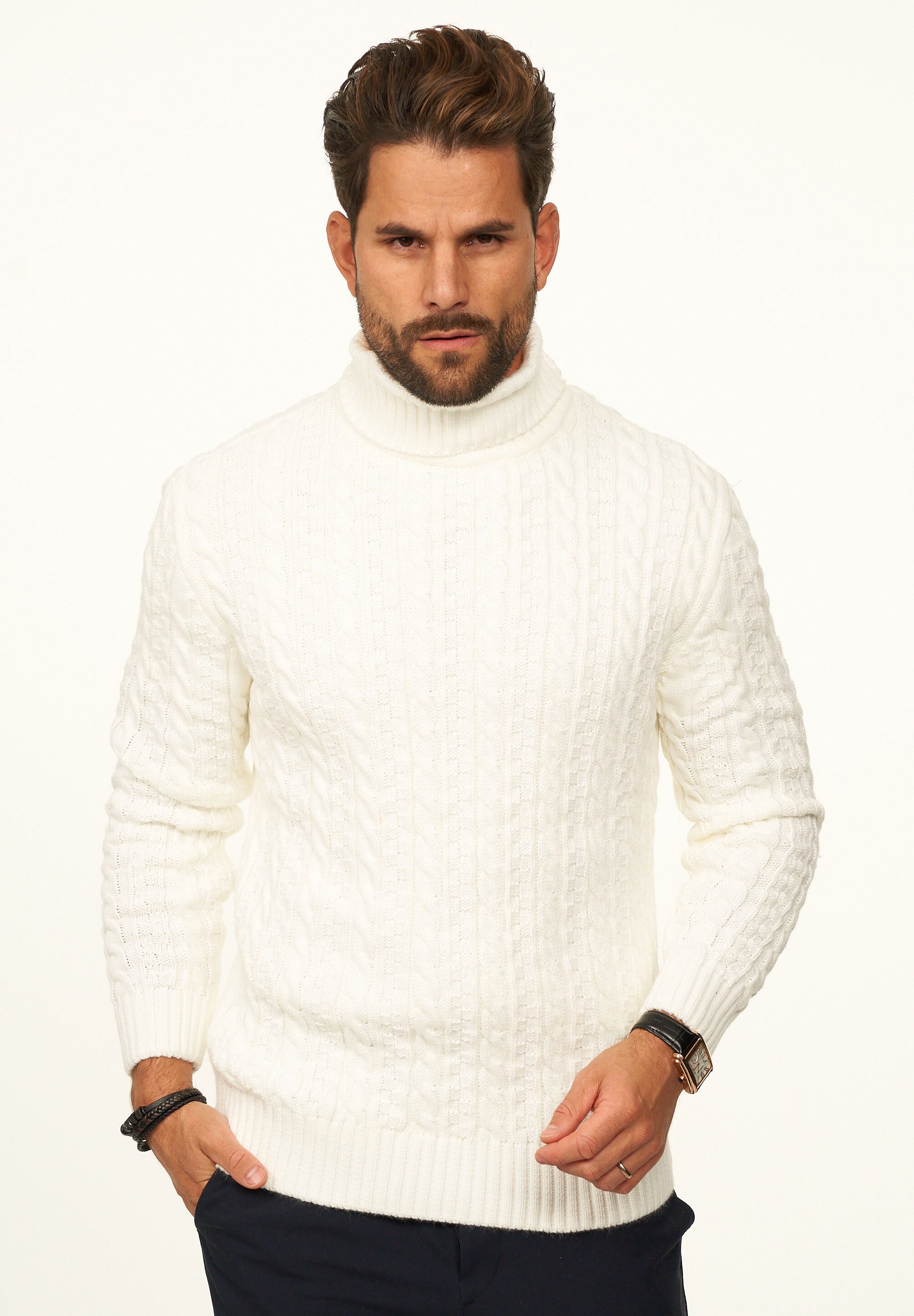 DAILY COTTON Rollkragenpullover als Grobstrick Pulli mit Zopfmuster für Herren Strickpullover für Männer - Winterpullover im Regular-Fit