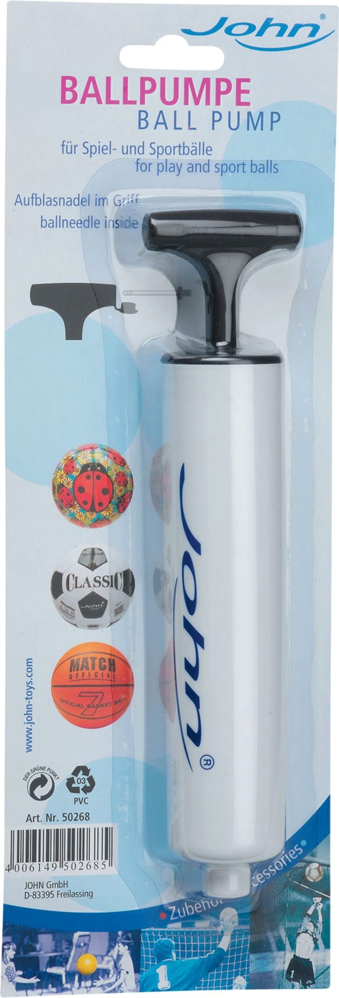 John GmbH Spielball JOHN Ballpumpe 150mm mit integrierter Ballnadel – weiß