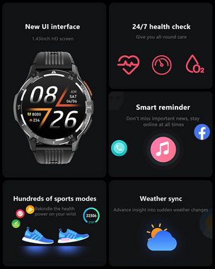 MEGALITH Fur Herren mit Telefonfunktion Bluetooth Smartwatch (1.43 Zoll, Android / iOS), Mit IP67-Wasserdicht Blutdruck Sport Fitness Pulsuhr