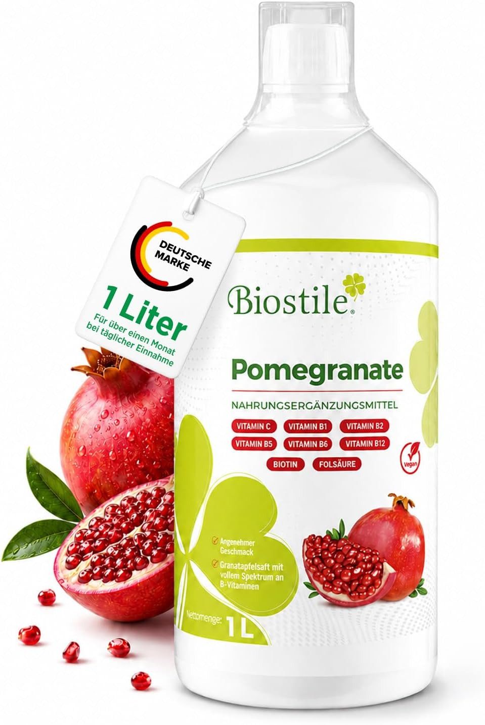 Biostile Granatapfel mit Vitamin C und B-Vitaminen für Immunsystem Natürlicher Saft, 1 er 300 g, Mit Vitamin E, Biotin und Folsäure, 30 ml täglich, 1 L