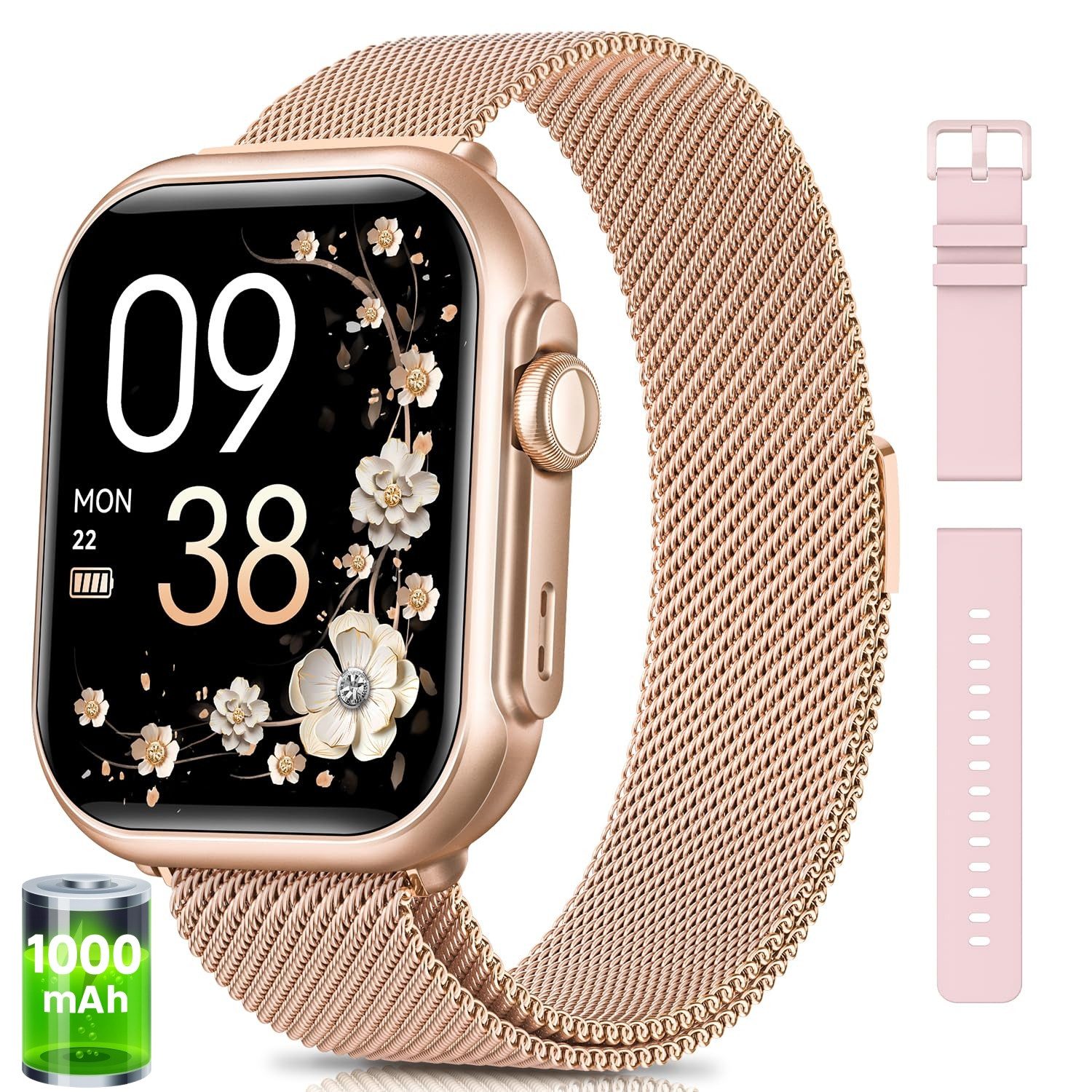 BANLVS 2025 1000mAh Akku Smartwatch Herren Damen 1.83 " AMOLED Display Smartwatch (4,65 cm) 120+ Sportmodi, Silikonarmband und Edelstahlarmband sind austauschbar, Blutdruck-/Herzfrequenz-/SpO2-/Schlafüberwachung