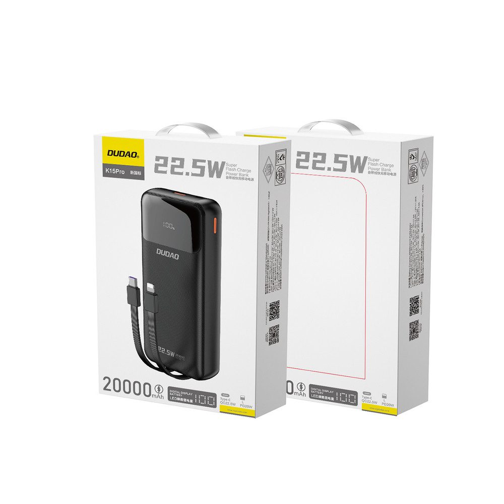 Dudao Akkupack Reiseakku Powerbank 20000 mAh (1 St), Integrierte Kabel, PD-Schnellladen 22,5W, LED-Anzeige