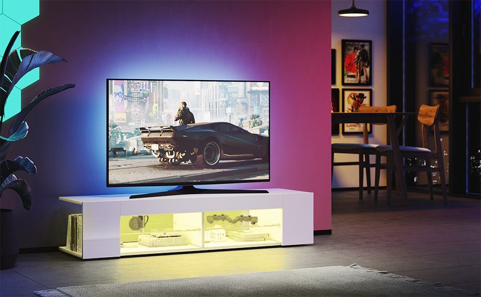 SONNI TV-Schrank TV Lowboard Breite 135cm Weiß Hochglanz mit LED  Beleuchtung mit Glasböden, Unterschrank, für Wohnzimmer, TV-Kommode,  Fernsehschrank