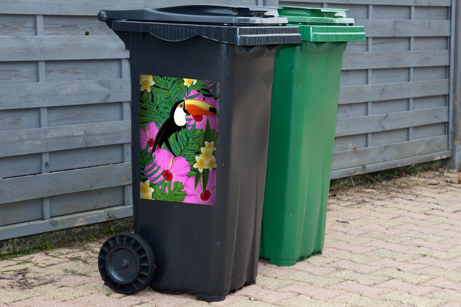 MuchoWow Wandsticker Frühling Illustration Tukan St), (1 Mülltonne, Sticker, Container, Abfalbehälter Mülleimer-aufkleber