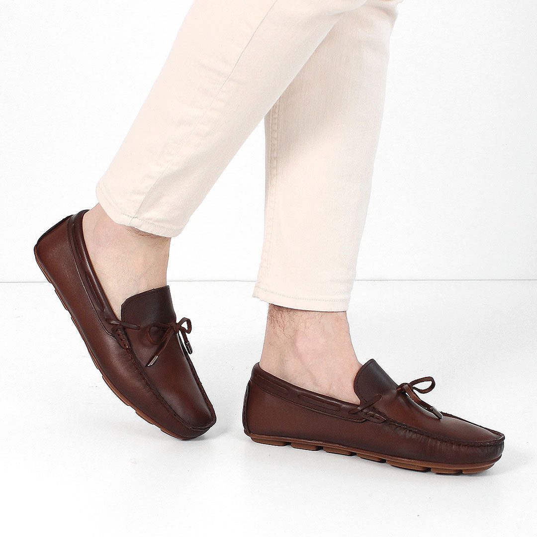 Celal Gültekin Mokassin Autofahrerschuh Karreekappe Slipper Herren Loafer Glattleder, Schleife, Leder-Futter, Braun, 40