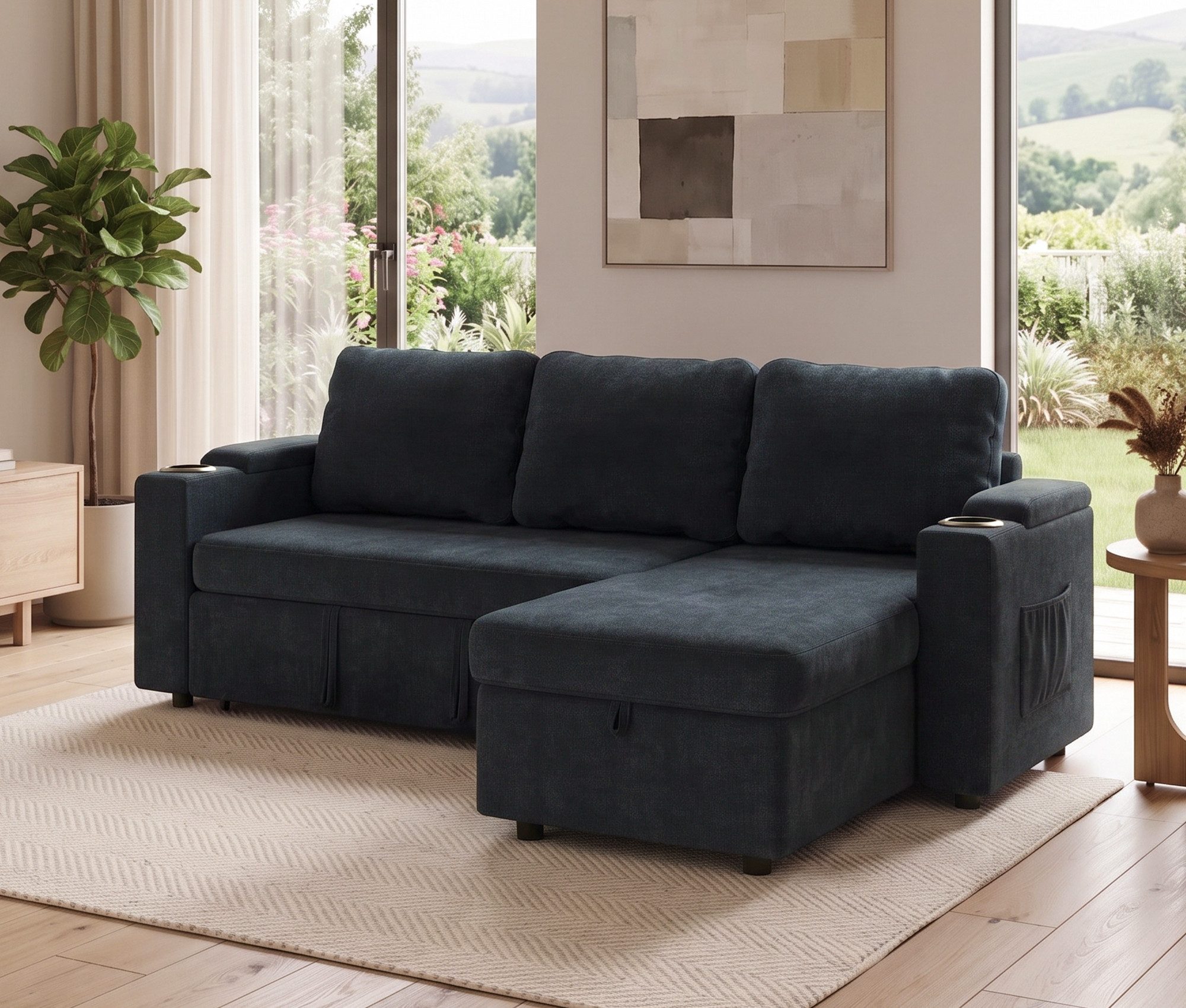 HOMALL Sofa Bequemes Eck-Schlafsofa, mit Schlaffunktion und Bettkasten,Becherhaltern