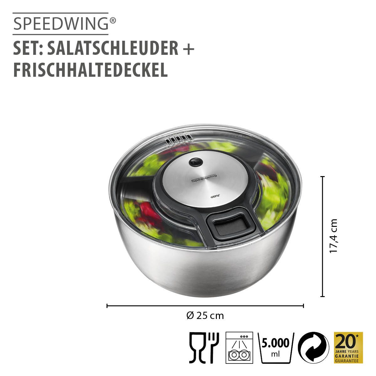 GEFU Salatschleuder Salatschleuder SPEEDWING® Edelstahl Mit Deckel Gro