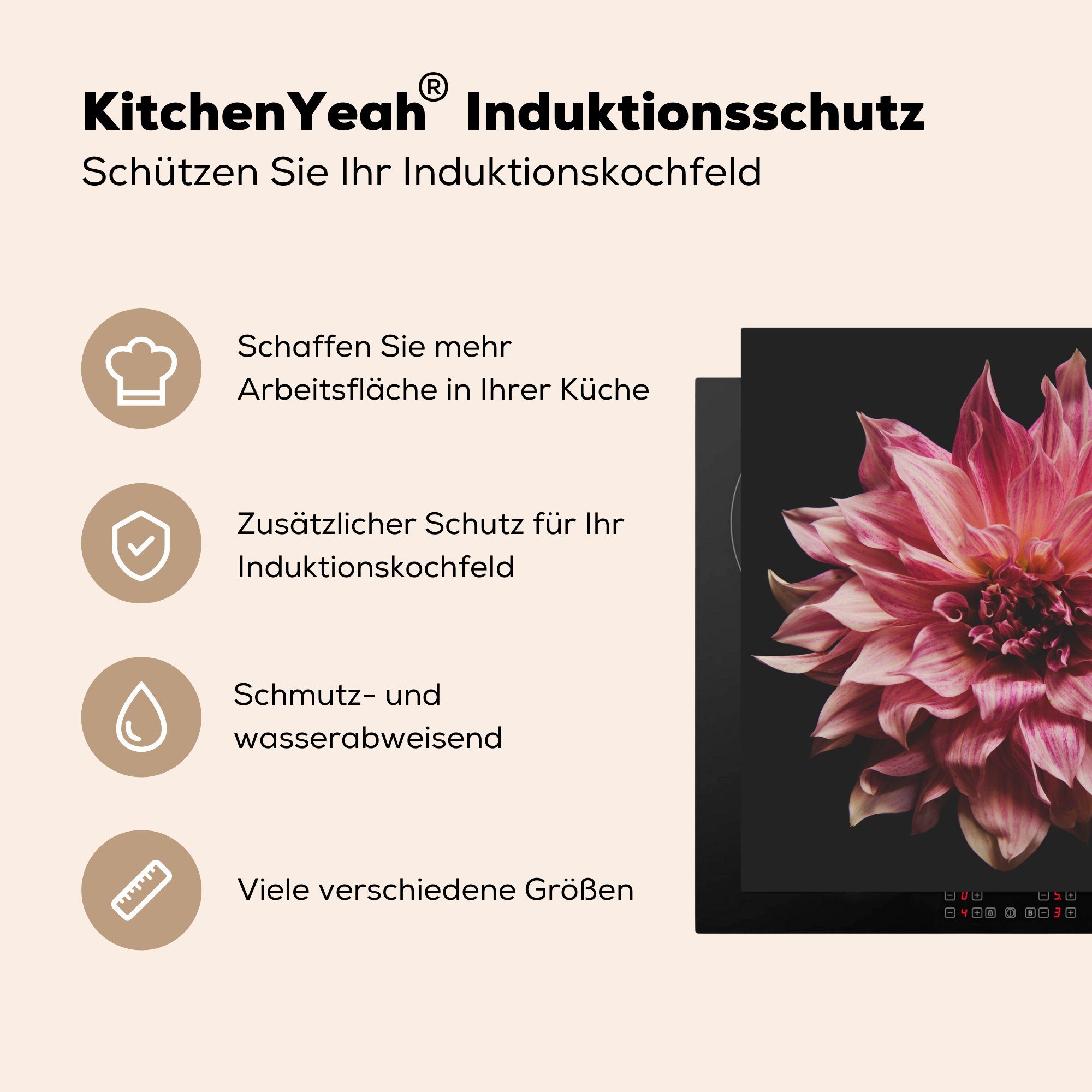 cm, 78x78 für Dahlie - Herdblende-/Abdeckplatte Ceranfeldabdeckung, küche (1 - Blumen Arbeitsplatte MuchoWow Vinyl, Rosa, tlg),