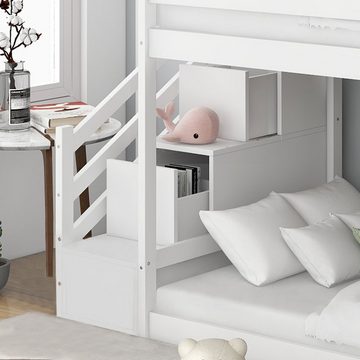 Flieks Etagenbett (mit Rutsche und 2 Schubladen in der Treppe), Hochbett Kiefernholzbett Kinderbett mit Lattenrost 90x200cm