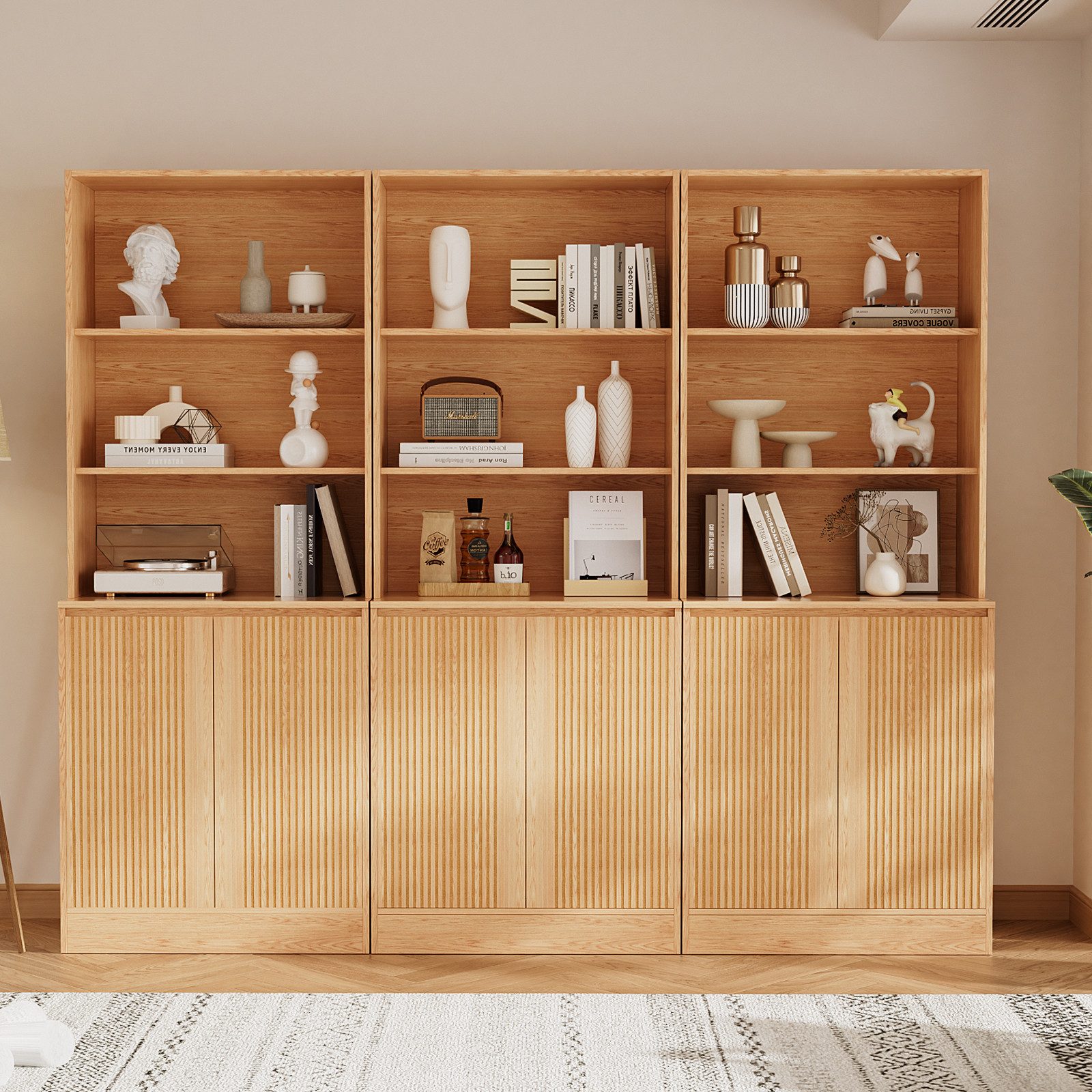 VOWNER Bücherregal 5-stöckig mit 2 Holztüren, 180 cm hoher Standregal mit offenen Fächern, 3-tlg., Mehrzweckschrank, Wohnzimmerschrank, Küchenregal, Sideboard