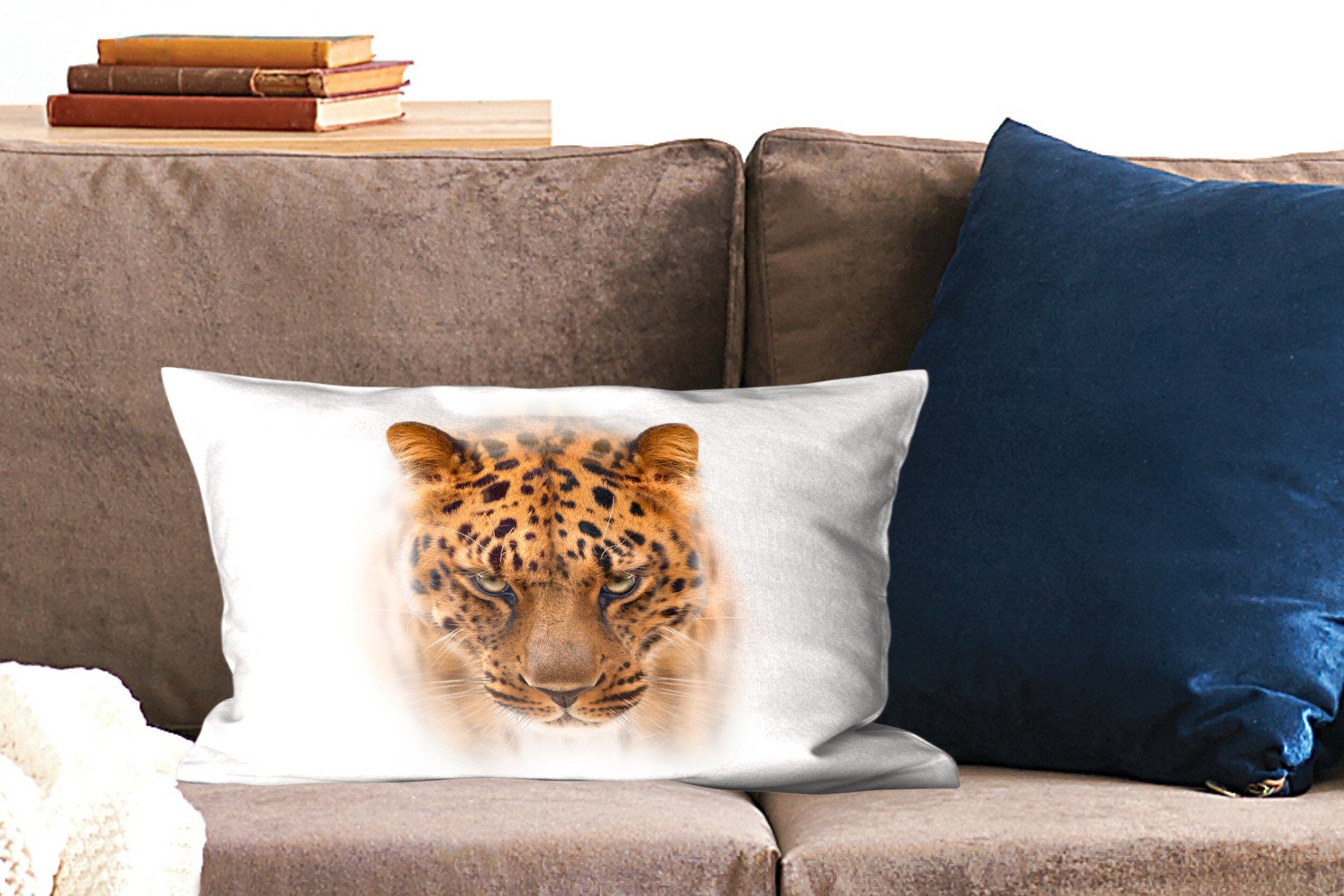 MuchoWow Dekokissen Leopard - Dekoration, mit Schlafzimmer - Füllung, Zierkissen, Gesicht, Weiß Dekokissen Wohzimmer