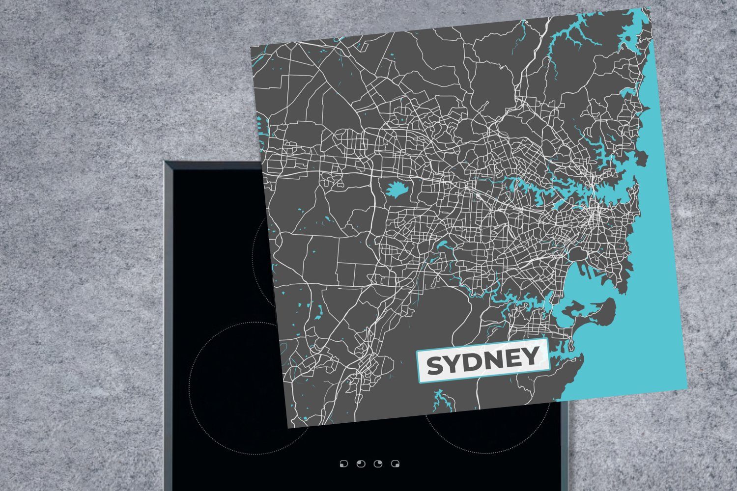 Vinyl, MuchoWow Stadtplan, tlg), für - Blau - 78x78 küche - Karte Herdblende-/Abdeckplatte cm, Ceranfeldabdeckung, Arbeitsplatte (1 Sydney