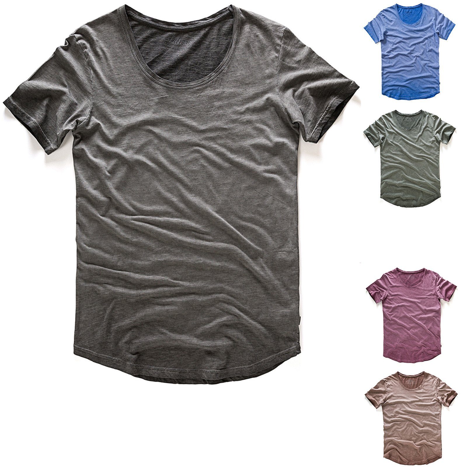 Crew Tee Oversize taupe T-Shirt 161318) Pittman Neck (1-tlg) (warm Washed Shredder Basic Braun