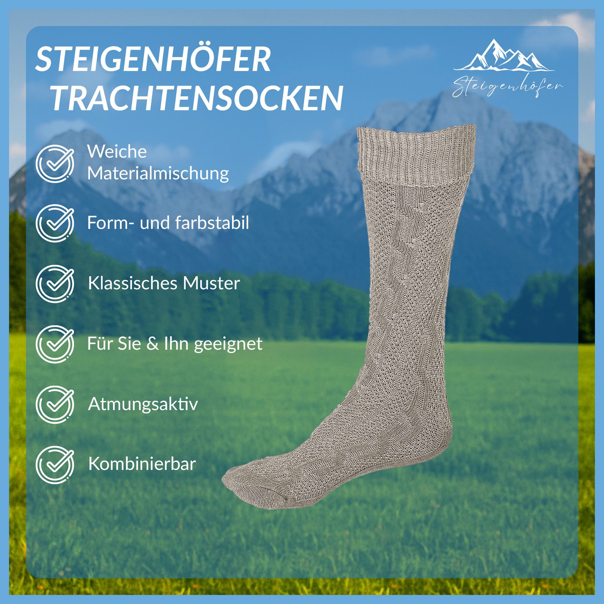 Steigenhöfer Manufaktur Trachtensocken für Herren und Damen – Socken mit Zopfmuster und Edelweißanstecker Oktoberfest Strümpfe aus Baumwolle für Männer & Frauen