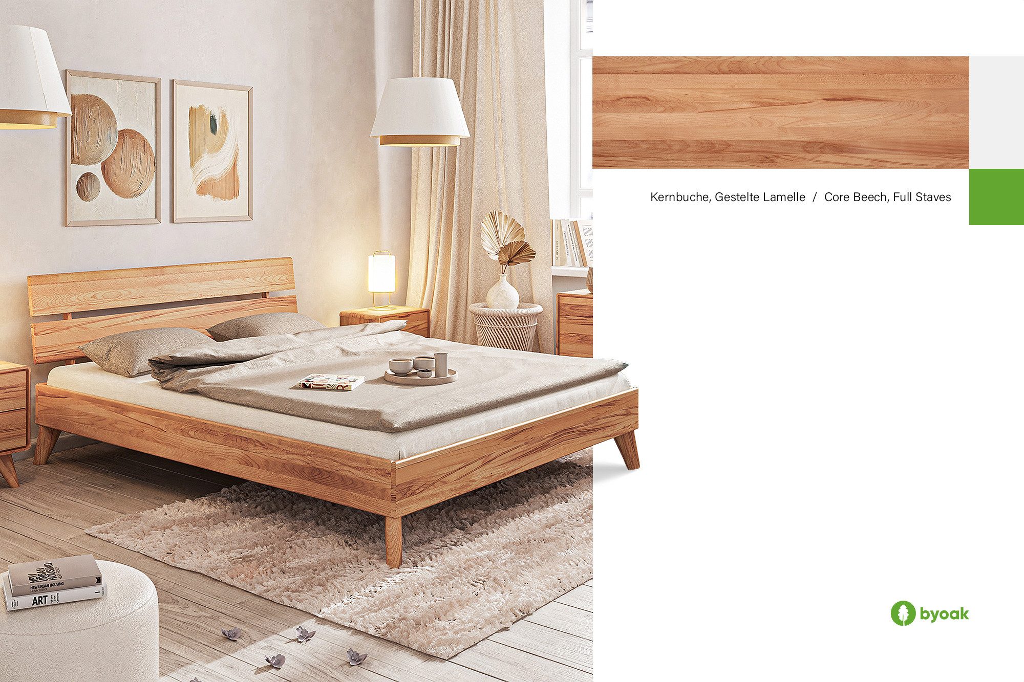 byoak Bett GREG 2 aus Massivholz mit Holzkopfteil, Naturgeölt