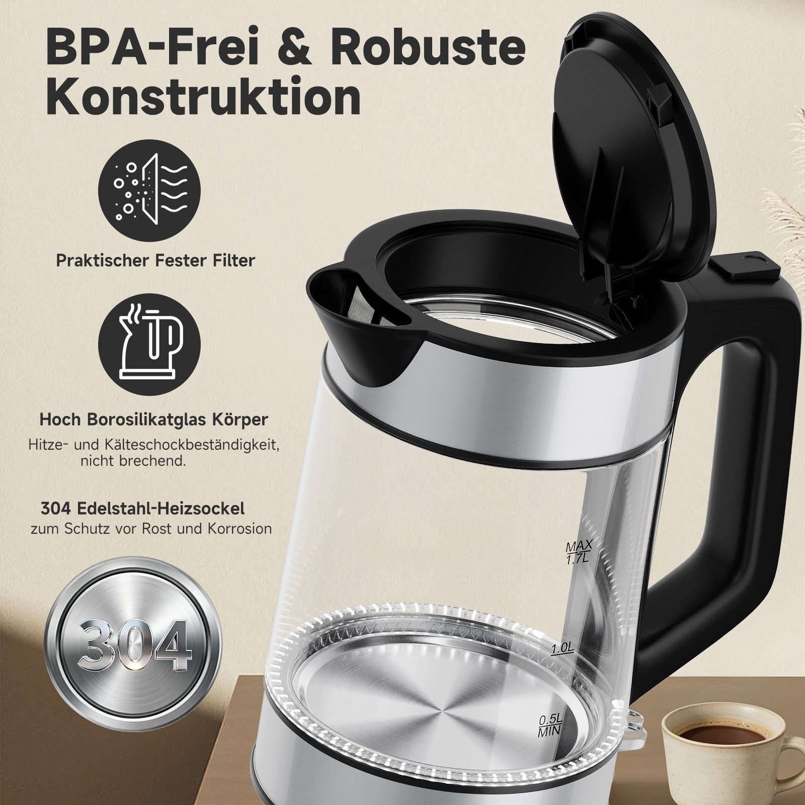HOMELUX Wasserkocher Glas 1.7L Glaswasserkocher Mit Led-Beleuchtung Abschaltautomatik, 1.7 l, 2200 W, Glaswasserkocher mit Kalkfilter, Trockenlauf, BPA-Frei