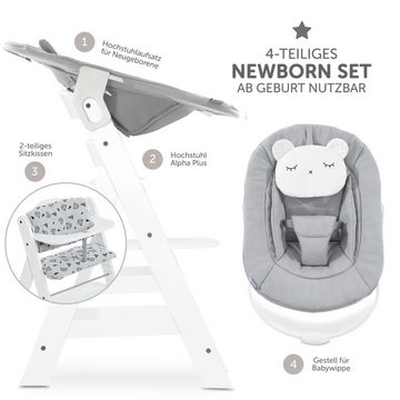 Hauck Hochstuhl Alpha Plus White - Newborn Set Powder Bunny, Holz Babystuhl ab Geburt inkl. Aufsatz für Neugeborene & Sitzauflage