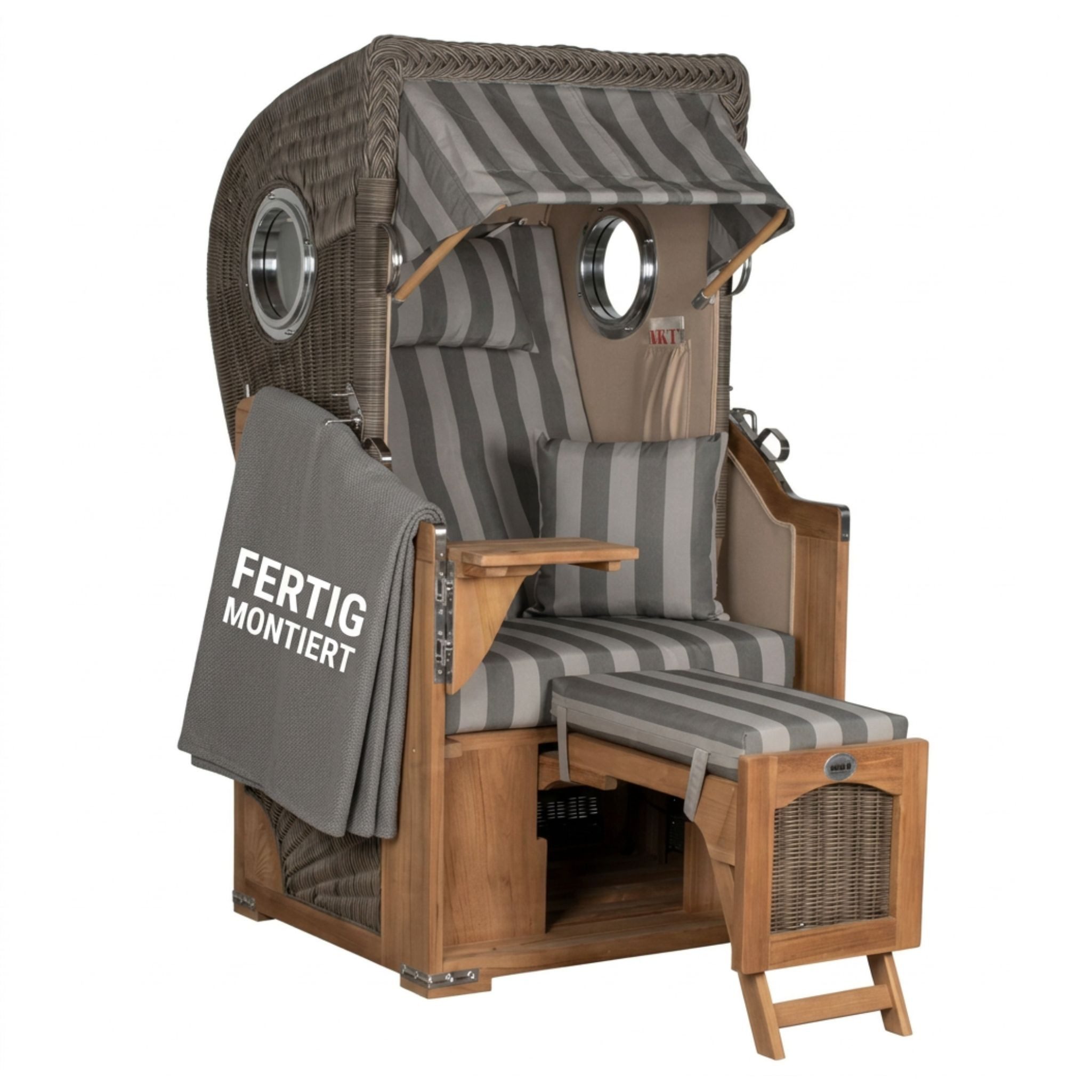 Strandkorb Düne Single 1-Sitzer Bullauge Teak PE-Geflecht Grey 96x165x80
