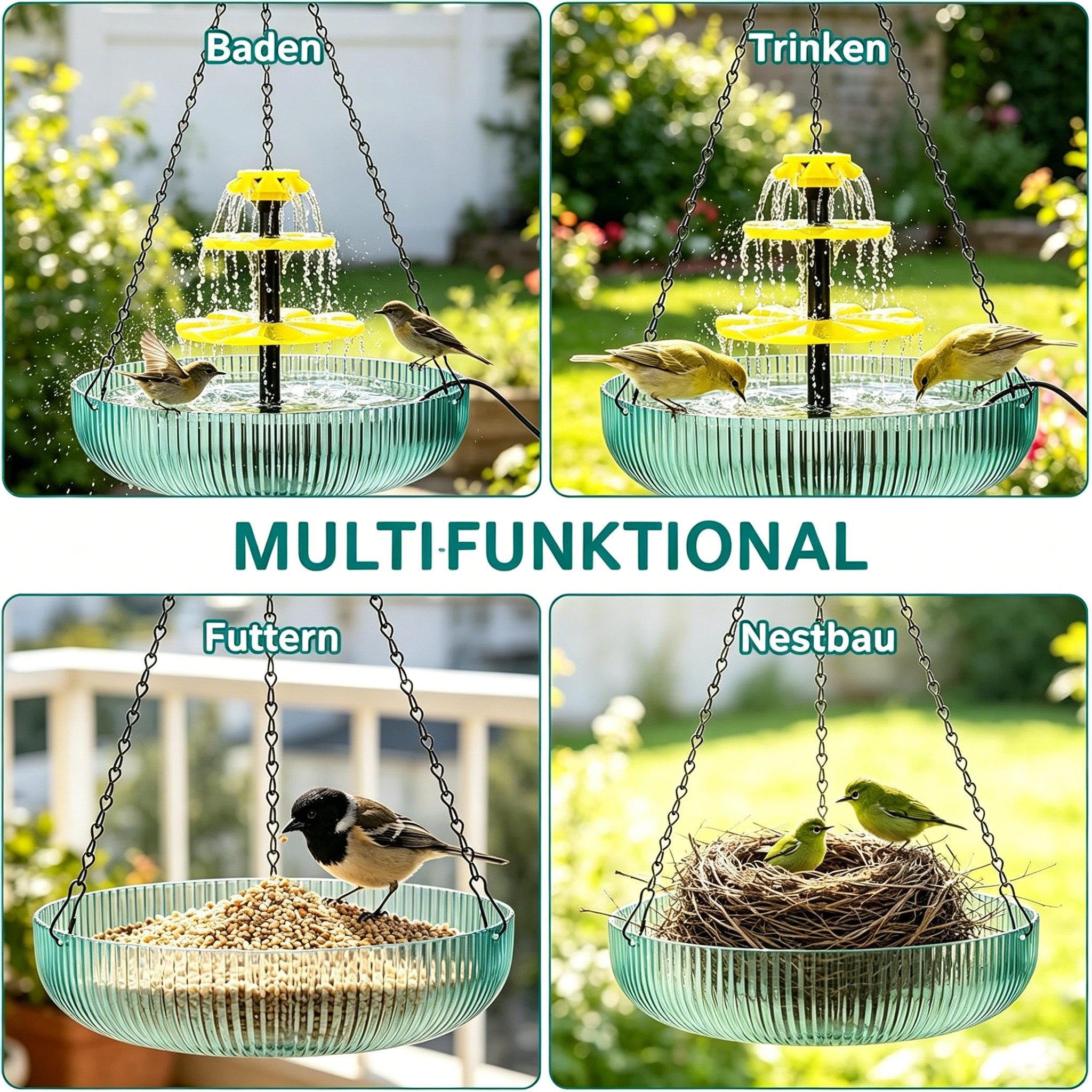 Srvillg Vogeltränke Solar Vogeltränke Hängend, 3-stufige Kaskadenbrunnen Deko, Für Garten & Terrasse, mit Solarpumpe und großem Wasserbecken – Bild 5 von 5