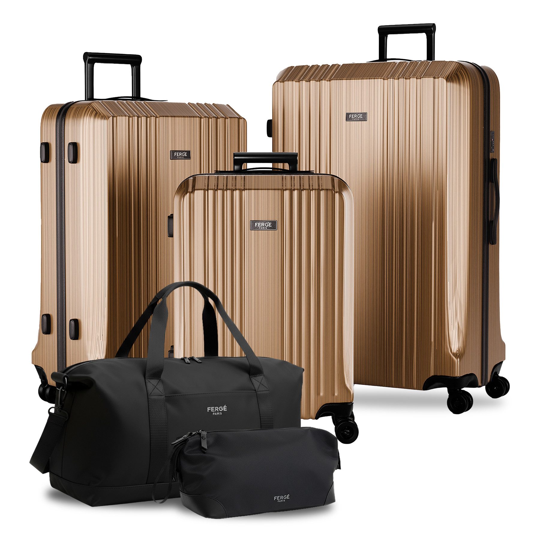 FERGÉ Kofferset Hartschale 5 teilig Koffer Set CANNES TSA-Schloß Bronze Metallic, 4 Rollen Rollen, (5 tlg), Trolley 5er Koffer Set, Premium Reisekoffer 4 Doppelrollen TSA-Schloss