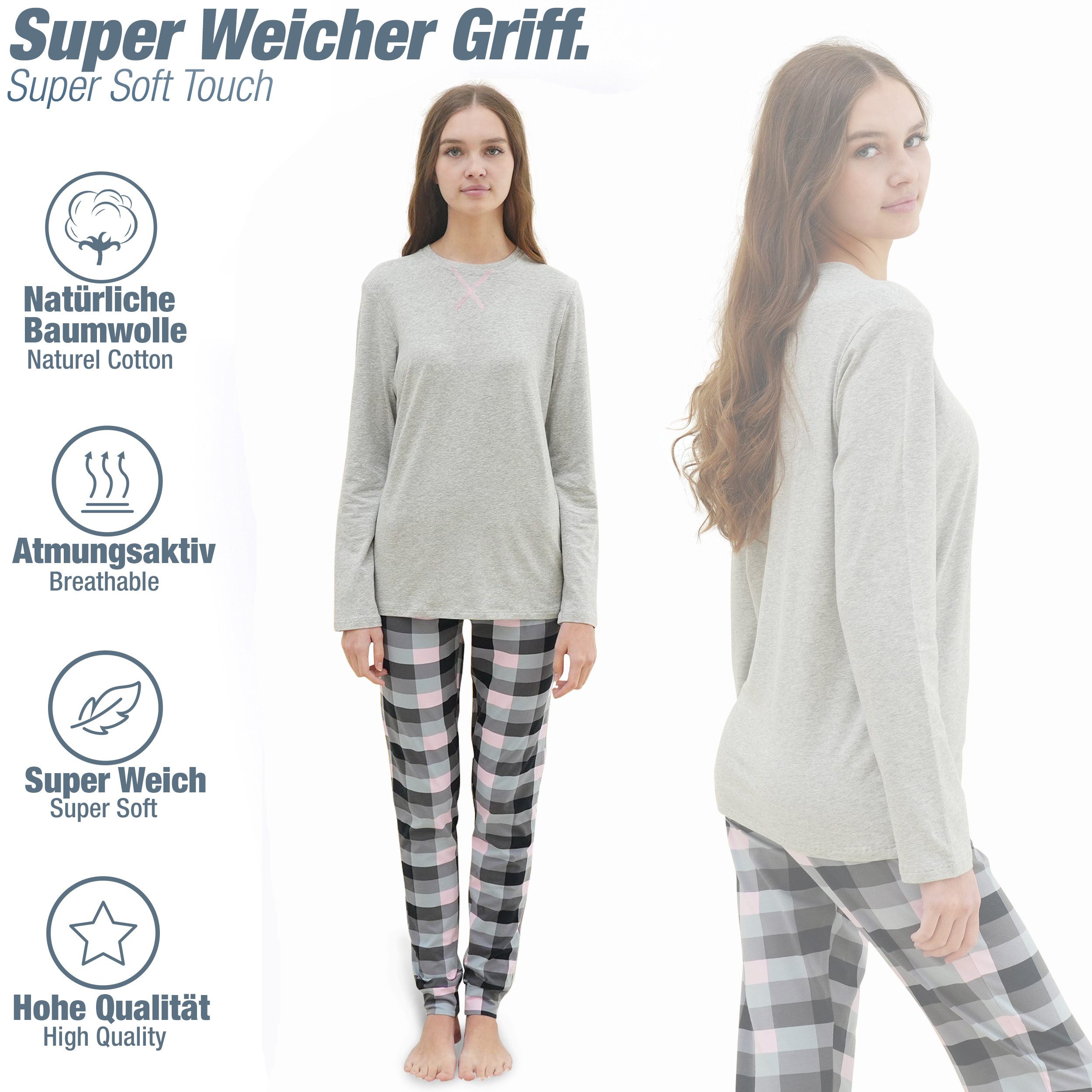 LOREZA Pyjama Mädchen Schlafanzug zweiteilig Set Langarm - Basic Kariert (Set, 2 tlg)
