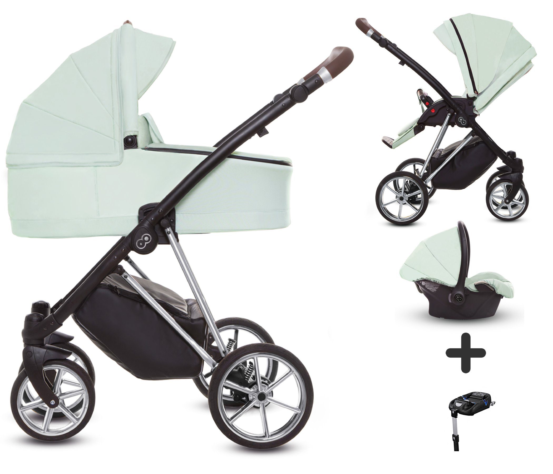 TPFFamily Kombi-Kinderwagen 4 in 1 Musse Ultra, Baby Buggy Babywanne Autositz Isofix Basis, großes Zubehör-Set Kinderwagen 4 in 1 Stoff Mint, Gestell Silber