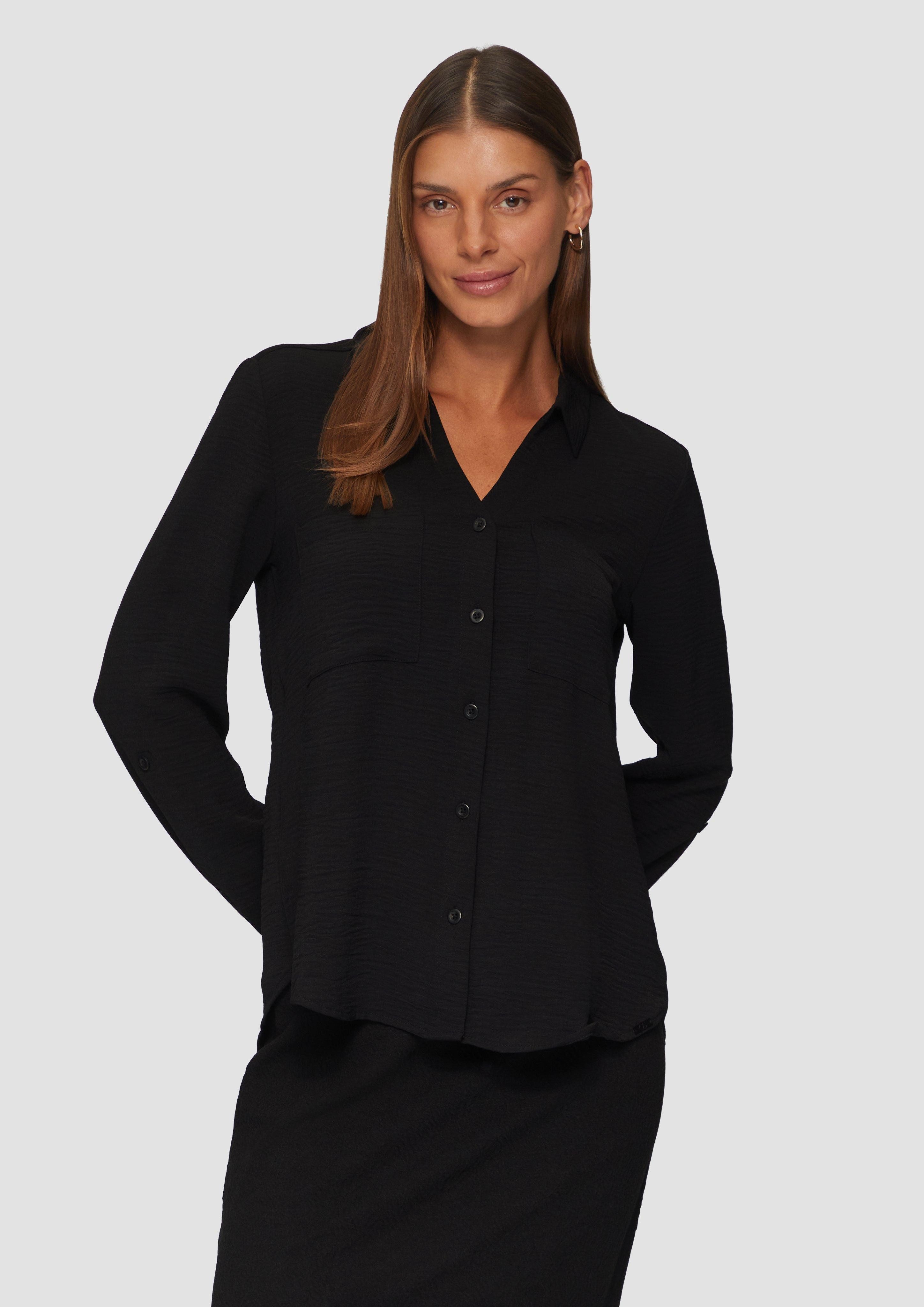 Langarmbluse Crêpe-Bluse mit Brusttaschen