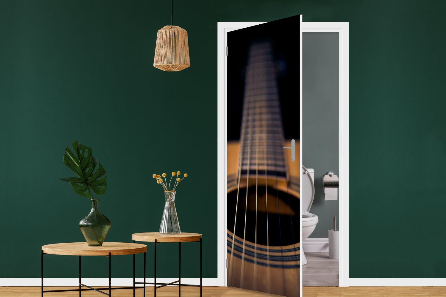 75x205 Türtapete Tür, einer akustischen Türaufkleber, Hintergrund, MuchoWow Matt, auf cm (1 Gitarre schwarzem bedruckt, St), Fototapete Nahaufnahme für