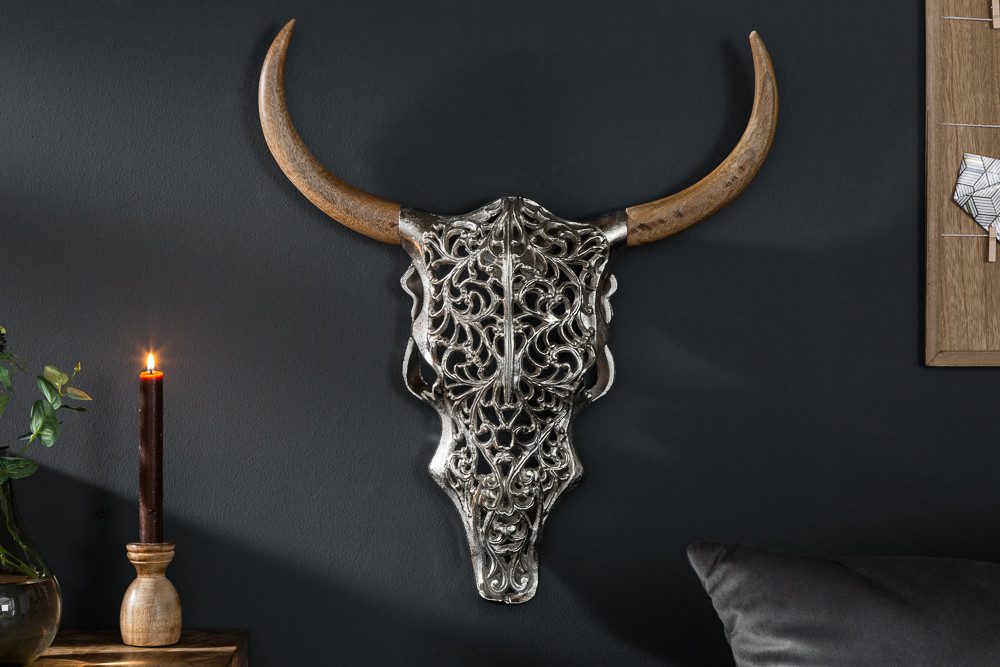 riess-ambiente Wanddekoobjekt EXOTIC BULL 57cm silber/natur - Metall, Mangoholz, Stierkopf, handmade, Tierische Skulptur - ideal für Wohn- und Schlafzimmer oder Flur
